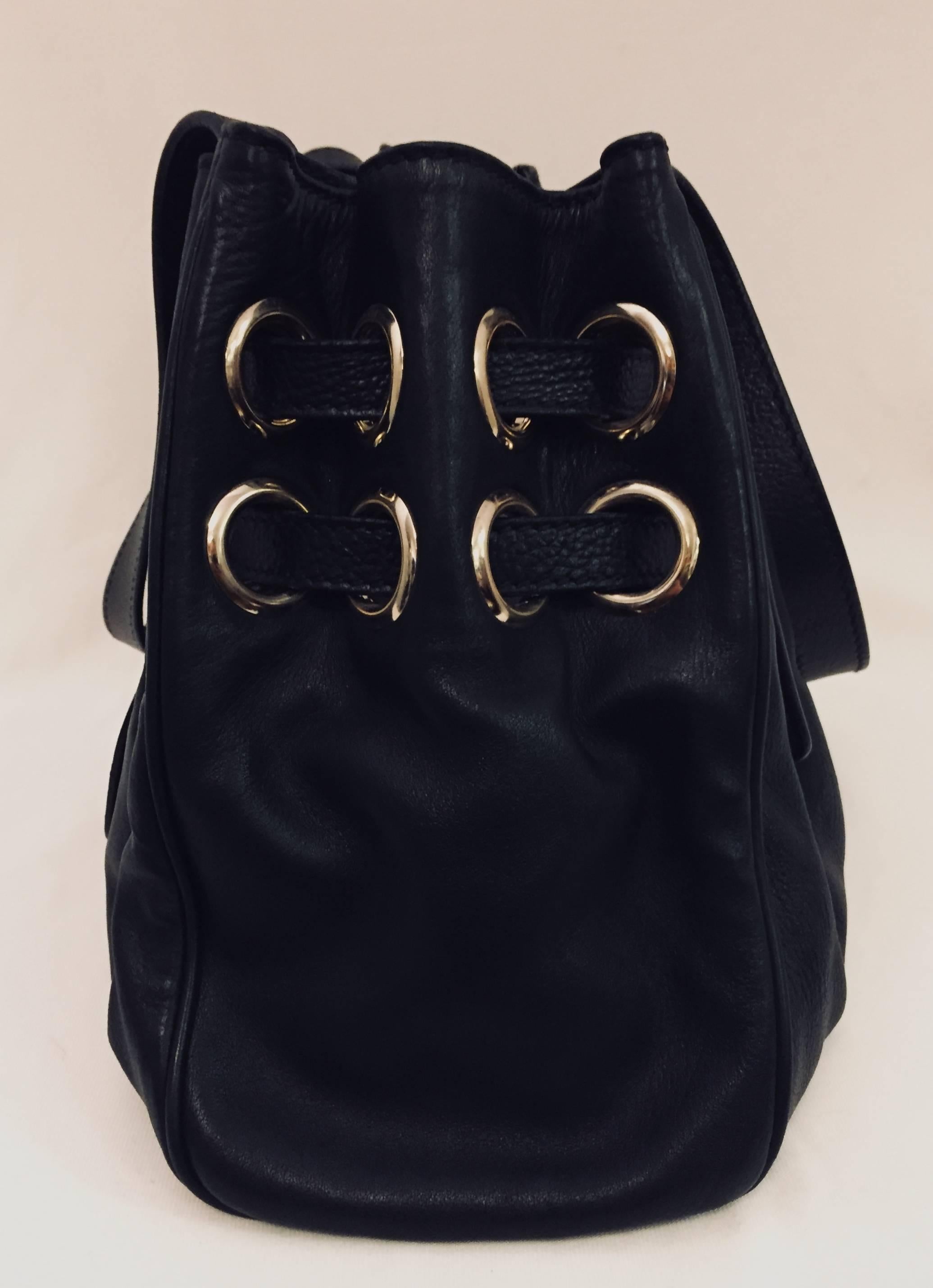 Jimmy Choo Black Leather Gathered Shoulder Bucket Bag With Grommets For Sale 1