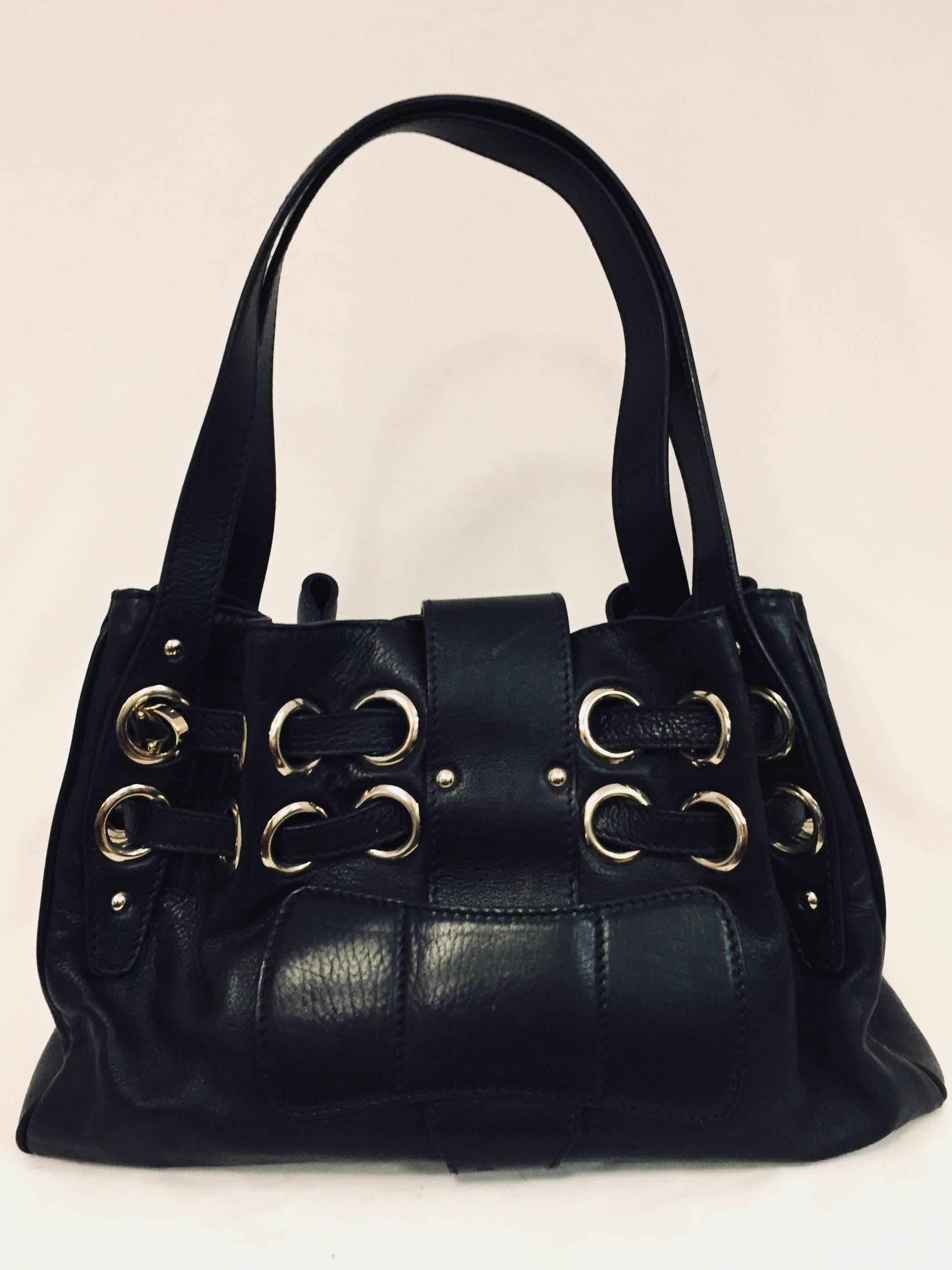 Jimmy Choo Black Leather Gathered Shoulder Bucket Bag With Grommets In Good Condition For Sale In Palm Beach, FL