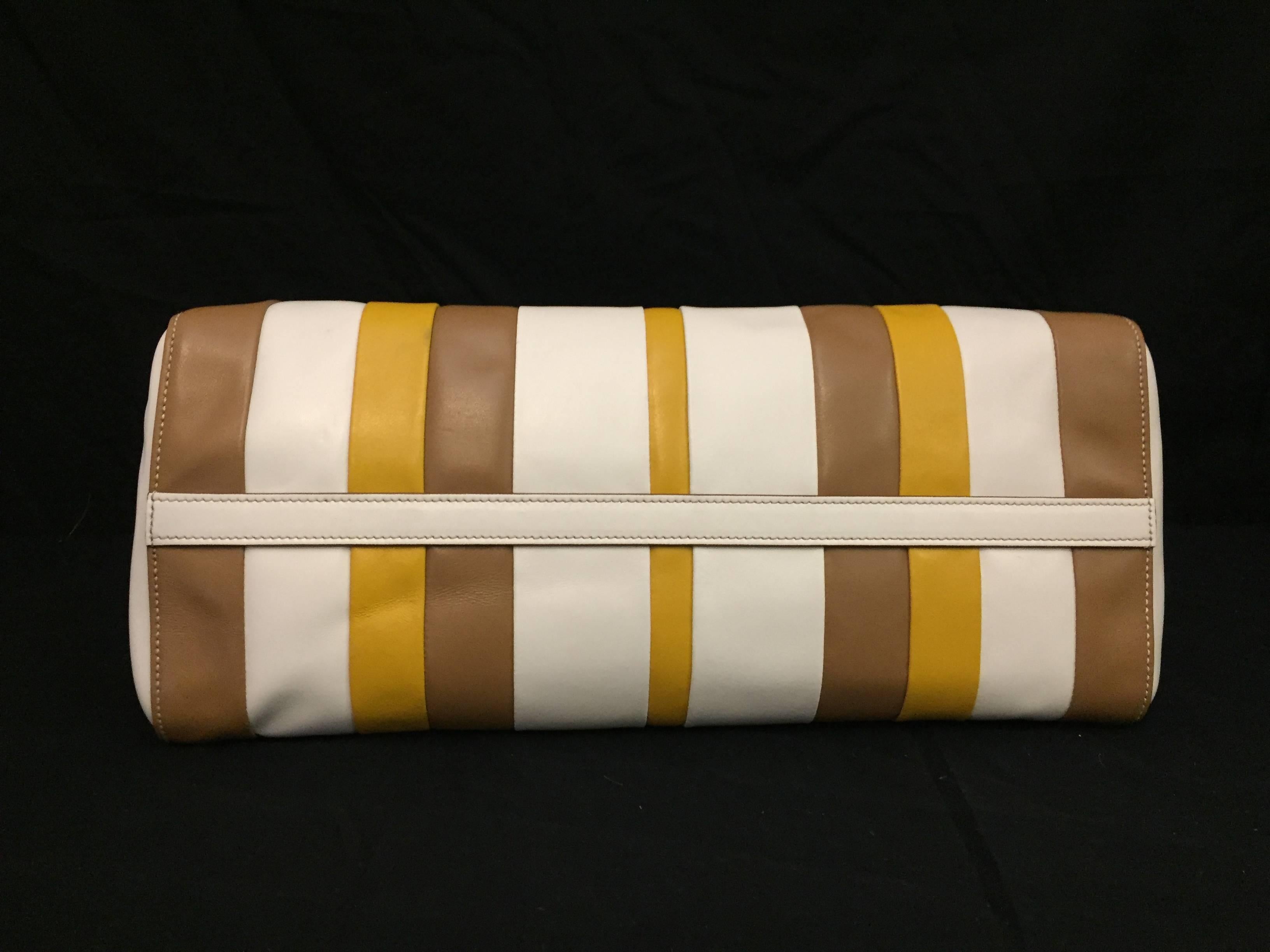 Prada Calf Baiadera Striped Shopping Tote Blanco and Caramello  In Excellent Condition For Sale In Palm Beach, FL