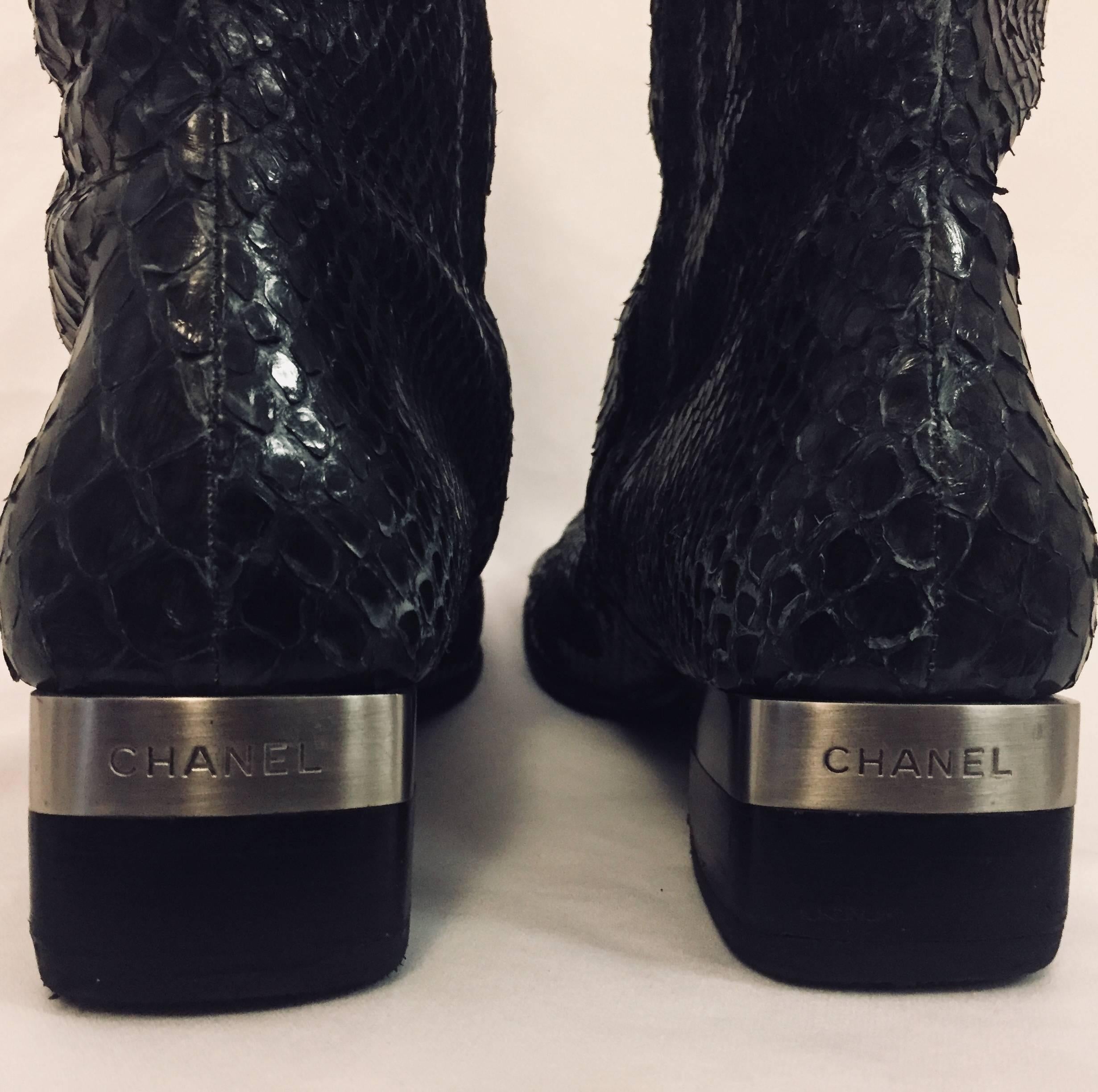 Chanel Green and Black Python Boots With Silver Metal Block Heels For Sale 1