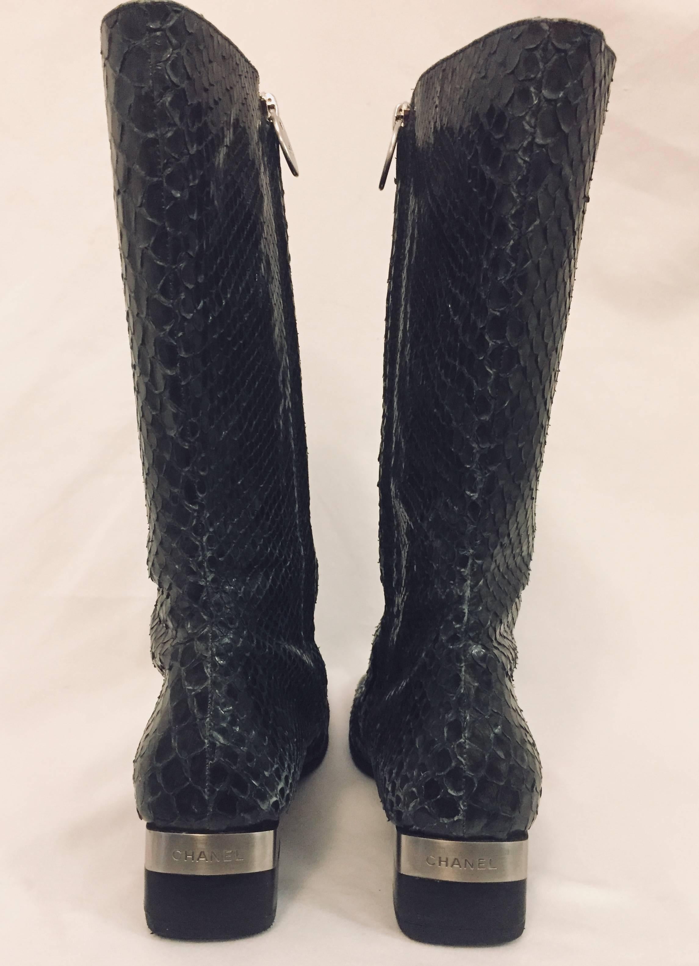 Women's Chanel Green and Black Python Boots With Silver Metal Block Heels For Sale