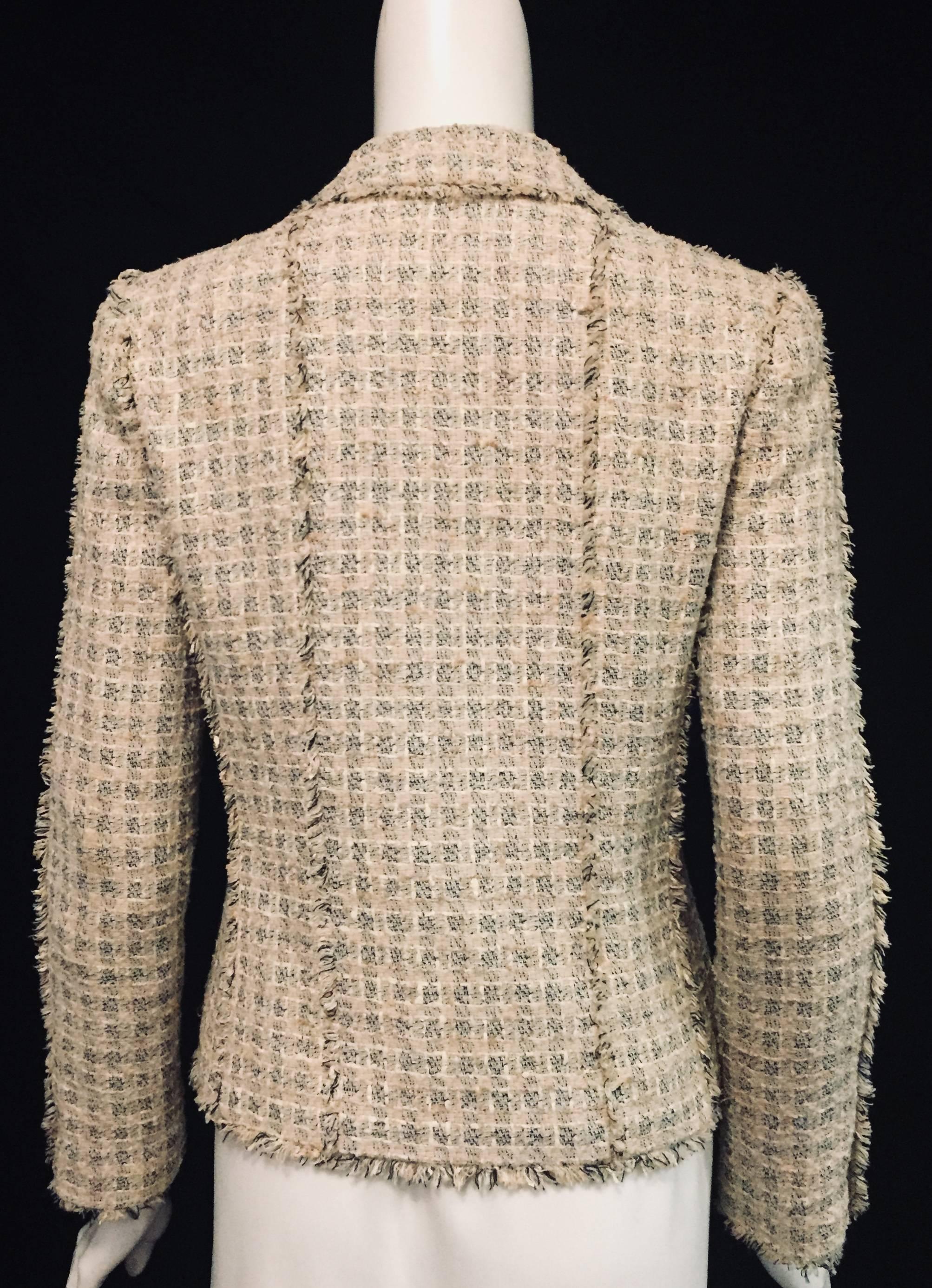 Chanel Spring Tweed Check Jacket With Fringe Trim  In Excellent Condition For Sale In Palm Beach, FL