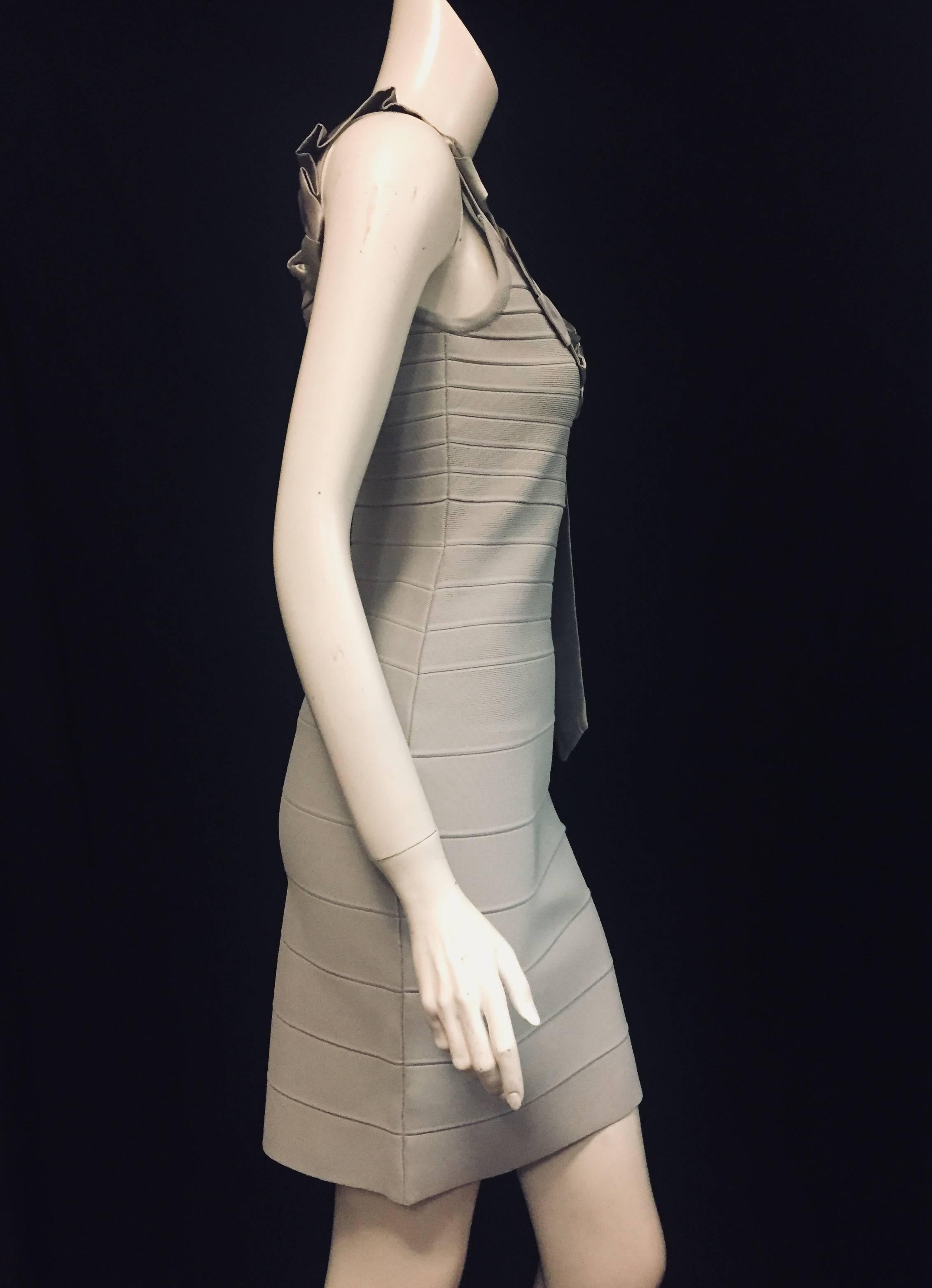 Herve Leger Grey Bandage Dress Decorated With Grey & Lavender Silk Ties In Excellent Condition For Sale In Palm Beach, FL