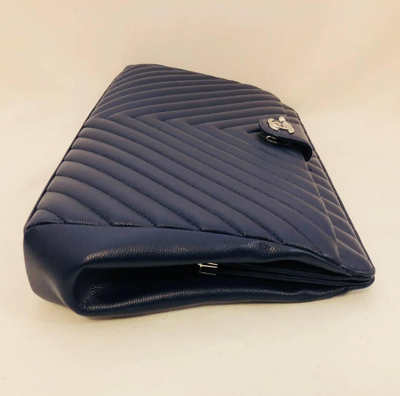 Black Chanel Navy Chevron Quilt Frame Clutch With Silver Tone Hardware Serial 22475069