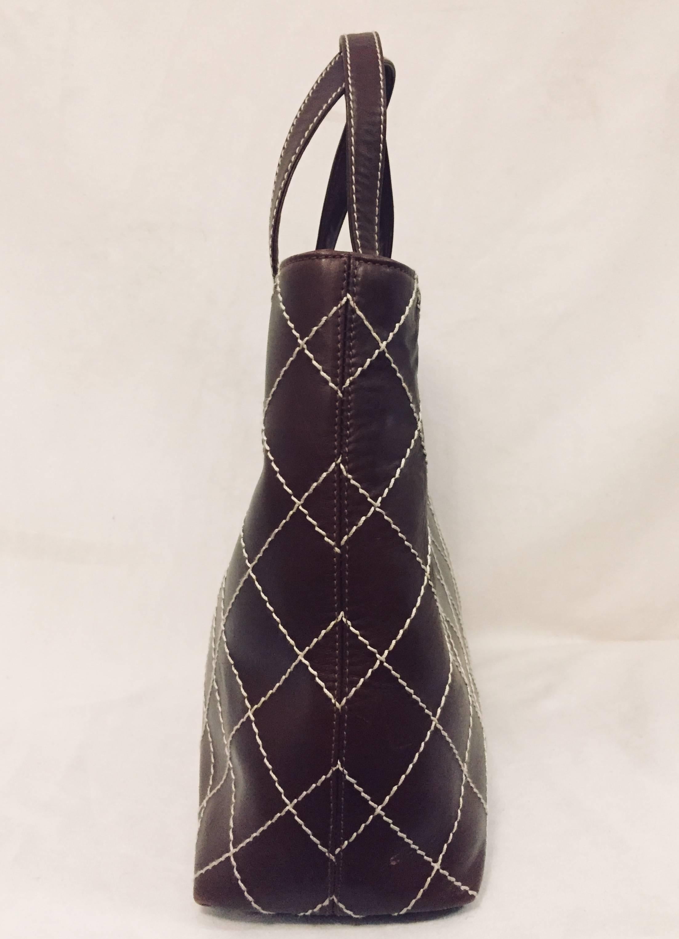 Black Chanel Lambskin Leather Brown Wild Contrasting Beige Stitching W/ 2 Flat Straps