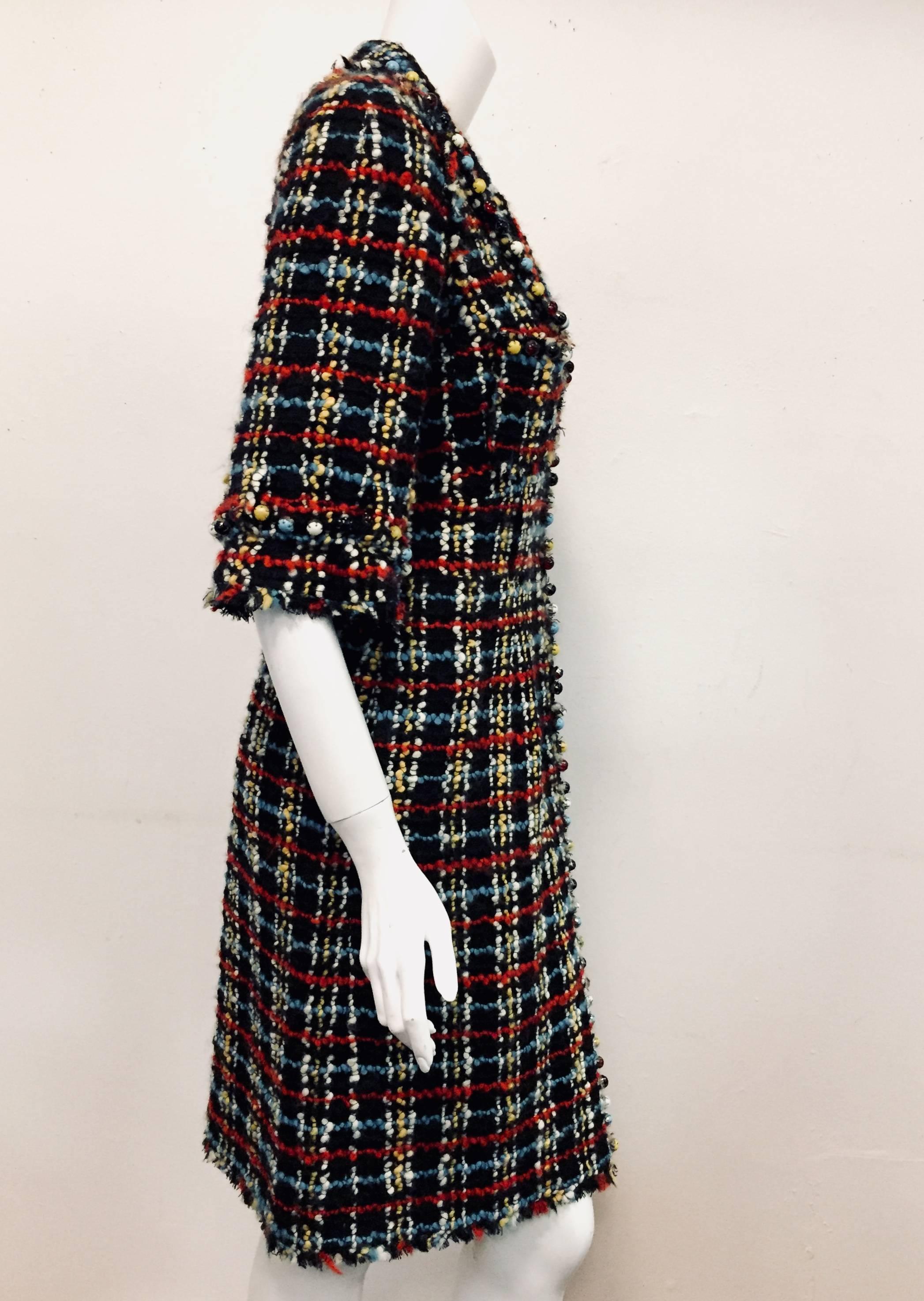 Women's Colorful Chanel Multicolor Boucle Dress Coat w/ Large Faux Semi Precious Stones 
