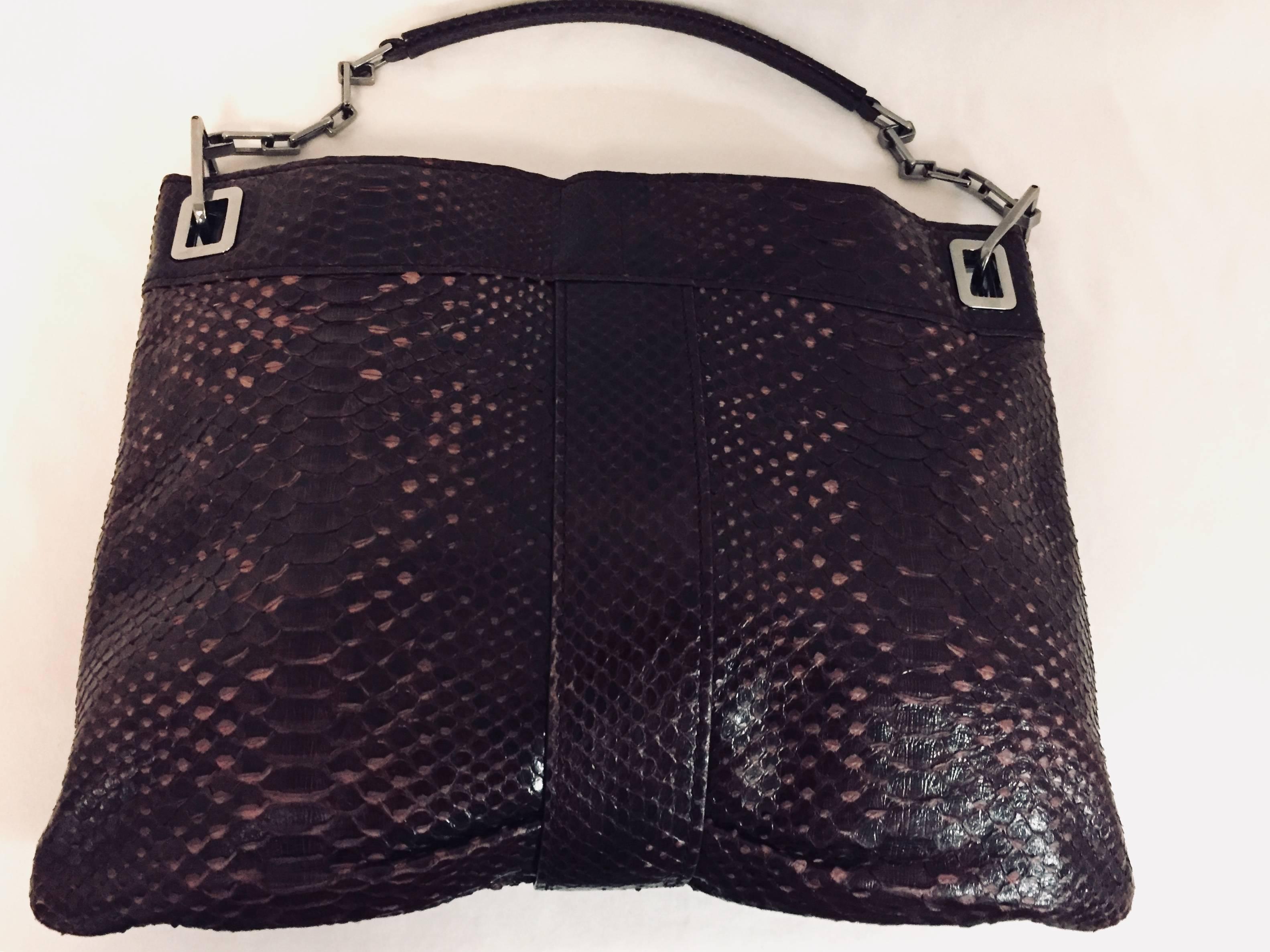 Black Recognizable Roger Vivier Metro Medium Burgundy Python Handbag  For Sale