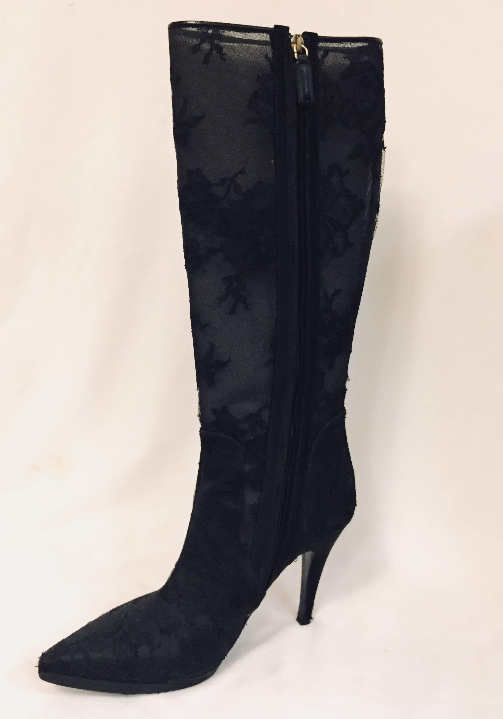 Valentino black mesh lace pointed toe boots with satin and leather trim.  These sexy  knee high boots can be worn with almost anything!  Oh, yes, these Valentino boots are made for more than walking!   The vamp is lined in black satin as well as the