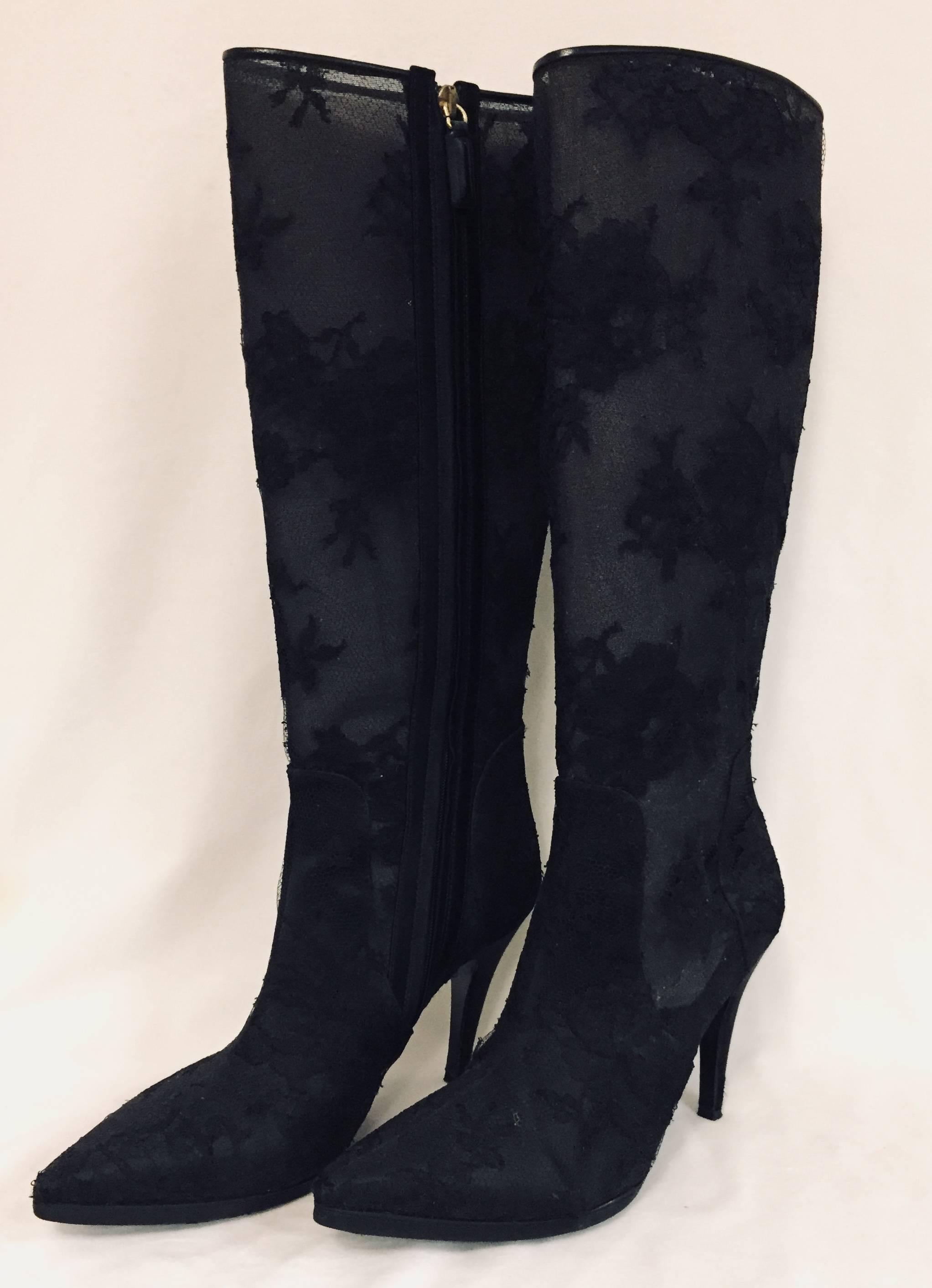 Vixen Valentino Black Mesh Lace Knee High Boots   In Excellent Condition In Palm Beach, FL