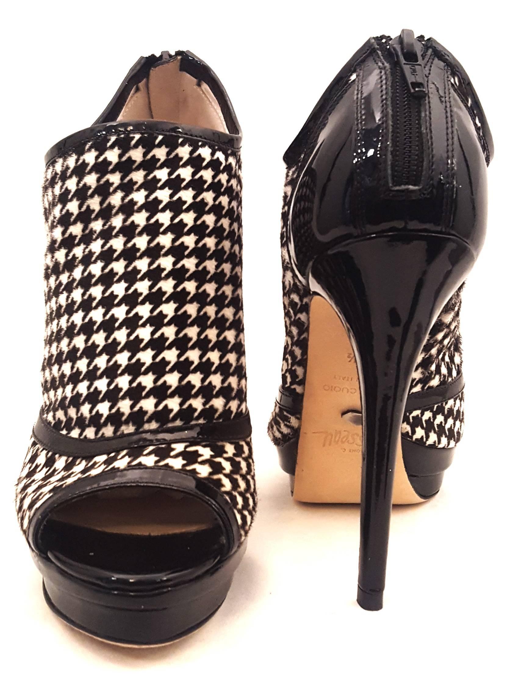 Jerome C. Rousseau Elli Black Patent  and White Houndstooth Fabric Boots  In New Condition For Sale In Palm Beach, FL