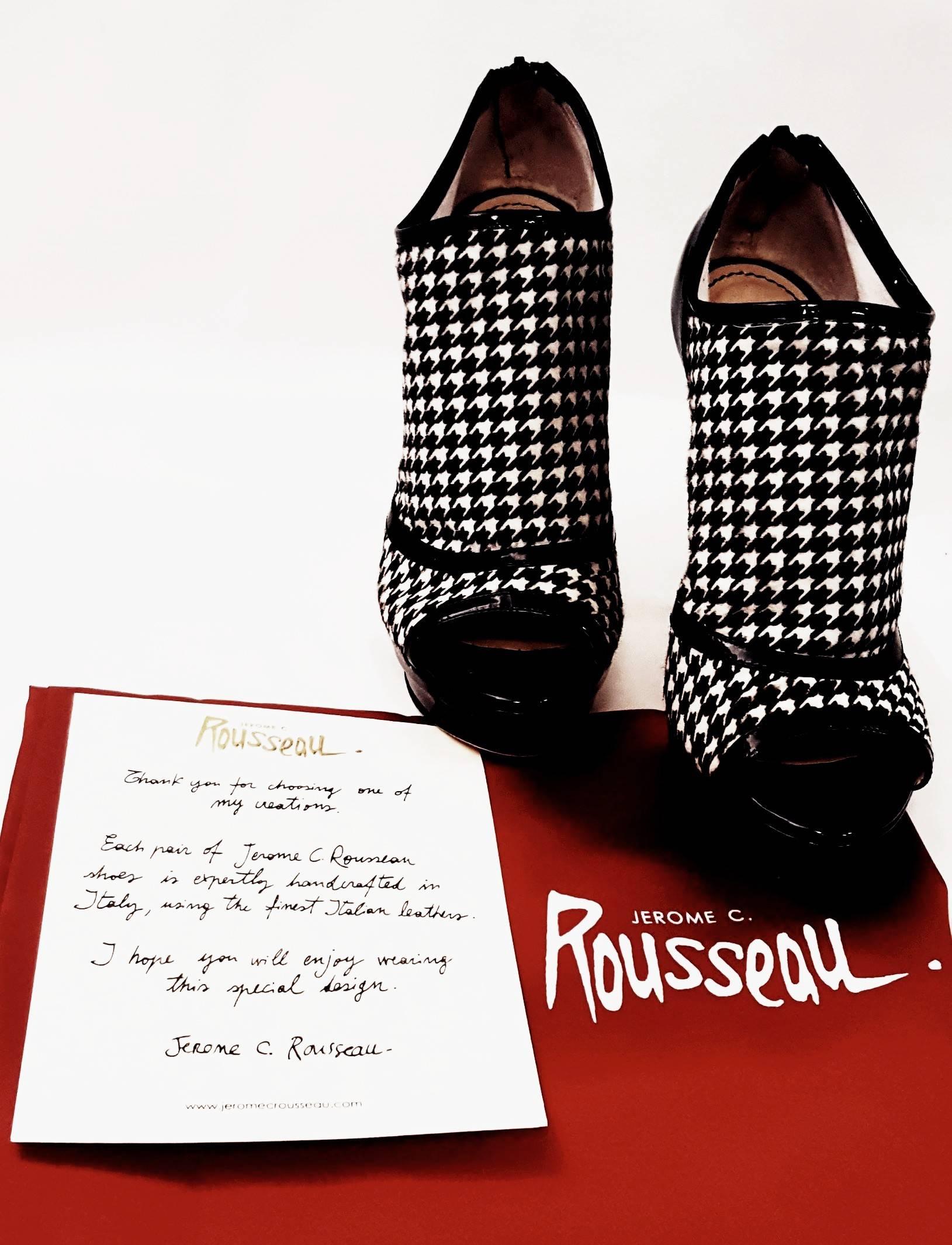 Jerome C. Rousseau Elli Black Patent  and White Houndstooth Fabric Boots  For Sale 2