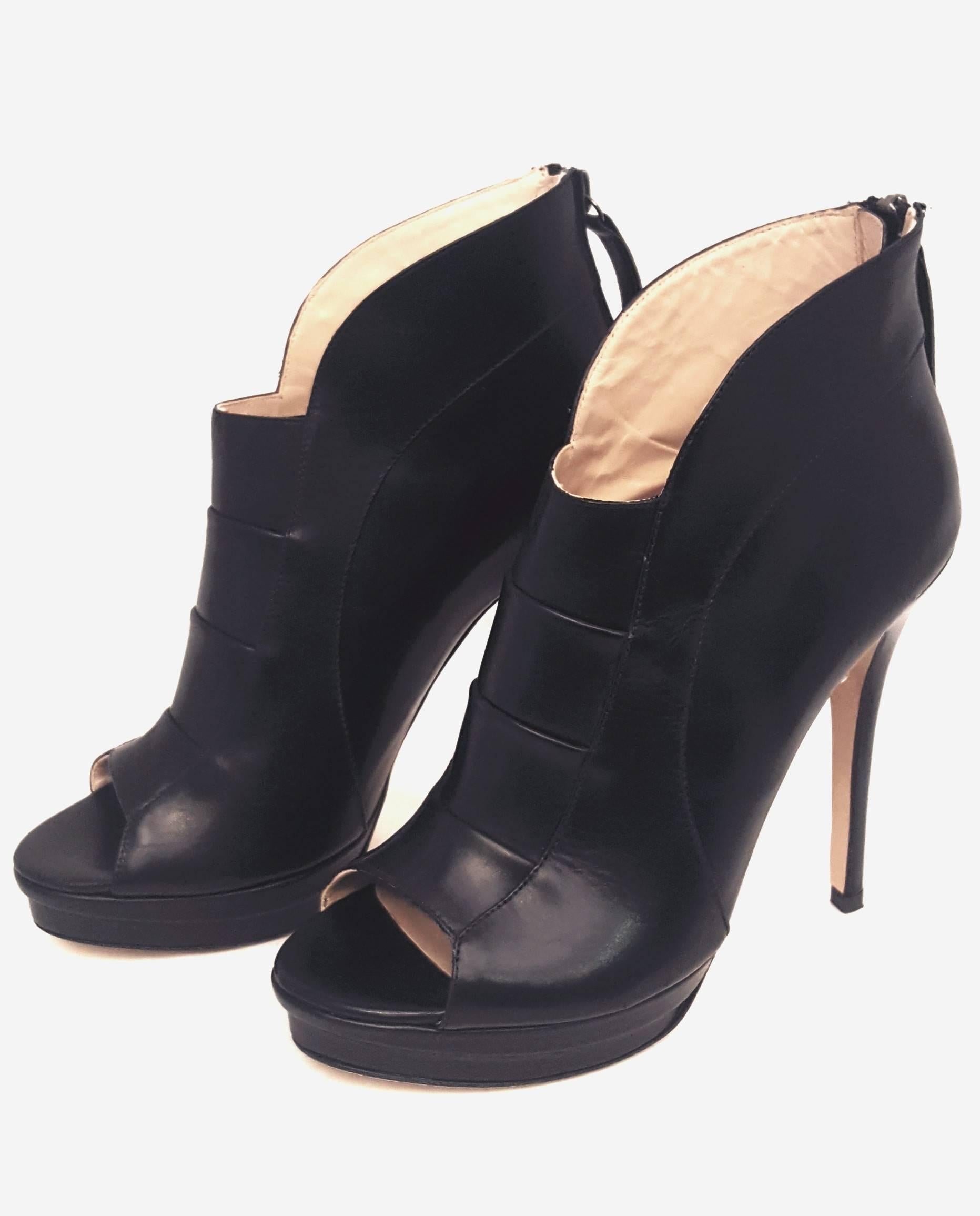 Women's Jerome C. Rousseau Riviera Black Calfskin Peep Toe Ankle Boots  For Sale