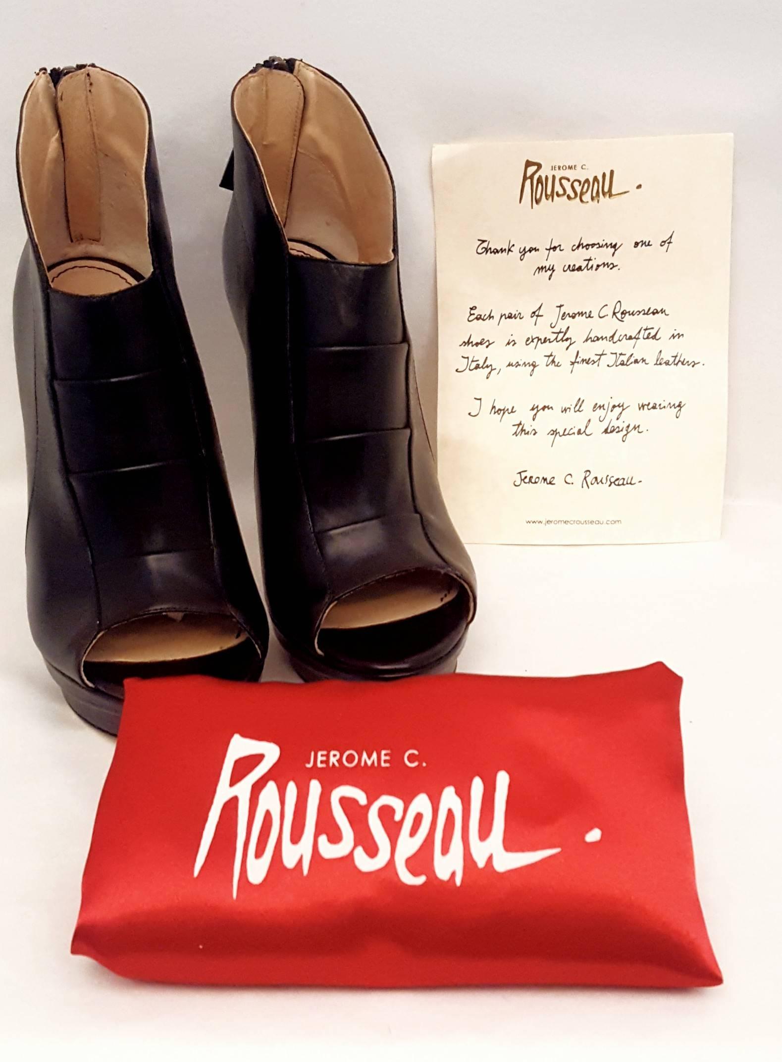 Jerome C. Rousseau Riviera Black Calfskin Peep Toe Ankle Boots  For Sale 1