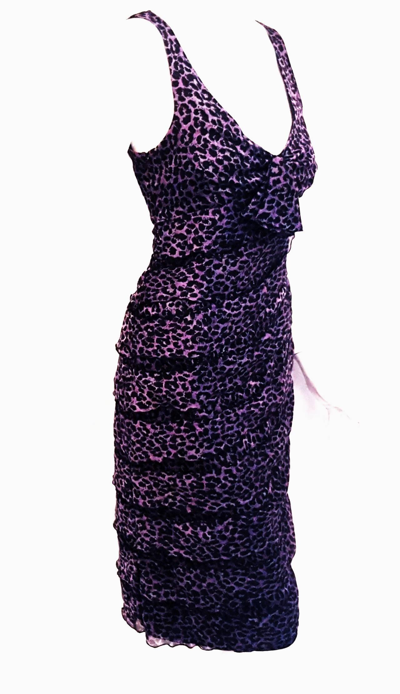 Black Giorgio Armani Silk V Neck Purple Animal Print Tiered Ruffle Dress  For Sale