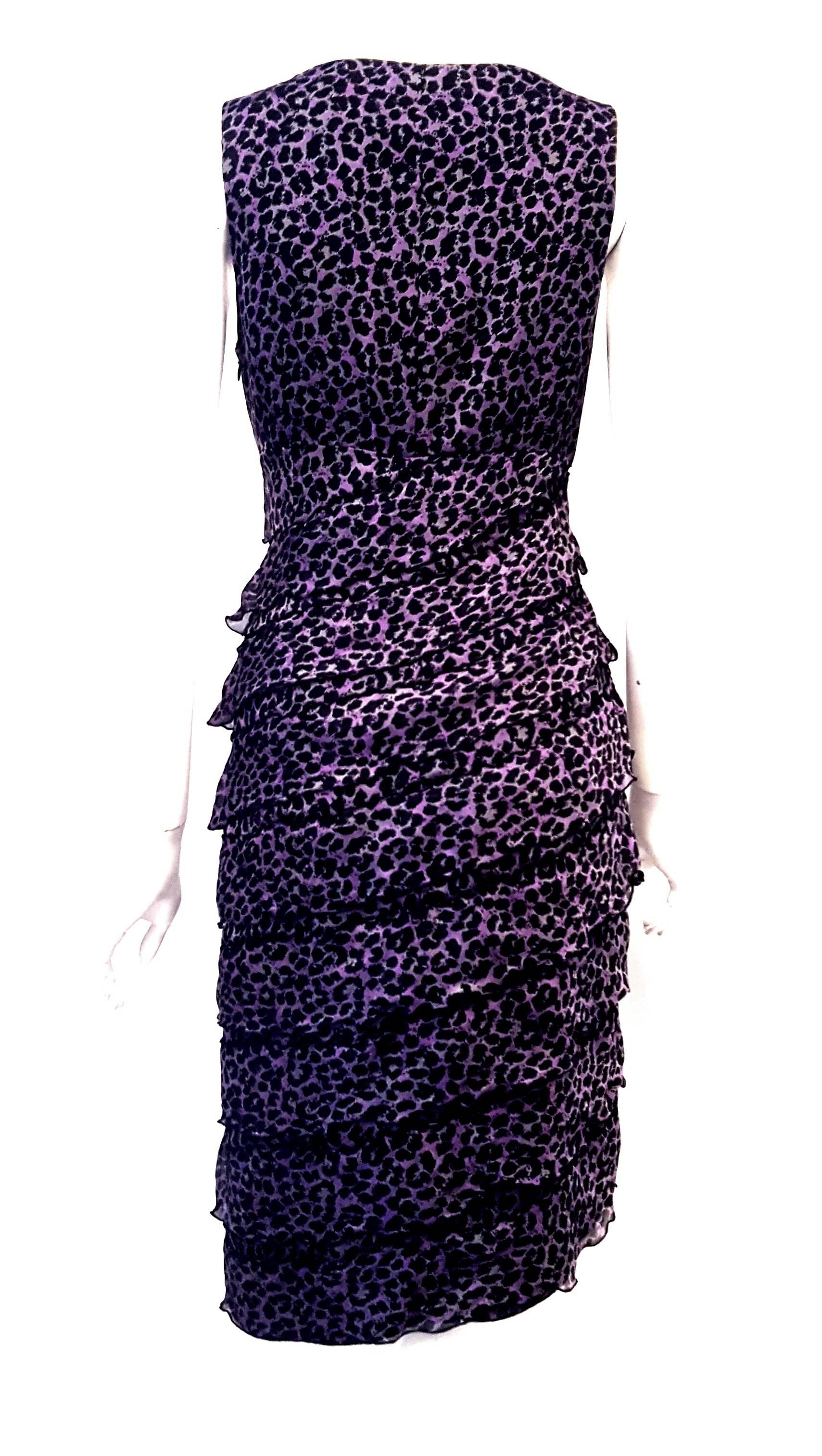 Giorgio Armani Silk V Neck Purple Animal Print Tiered Ruffle Dress  In Excellent Condition For Sale In Palm Beach, FL