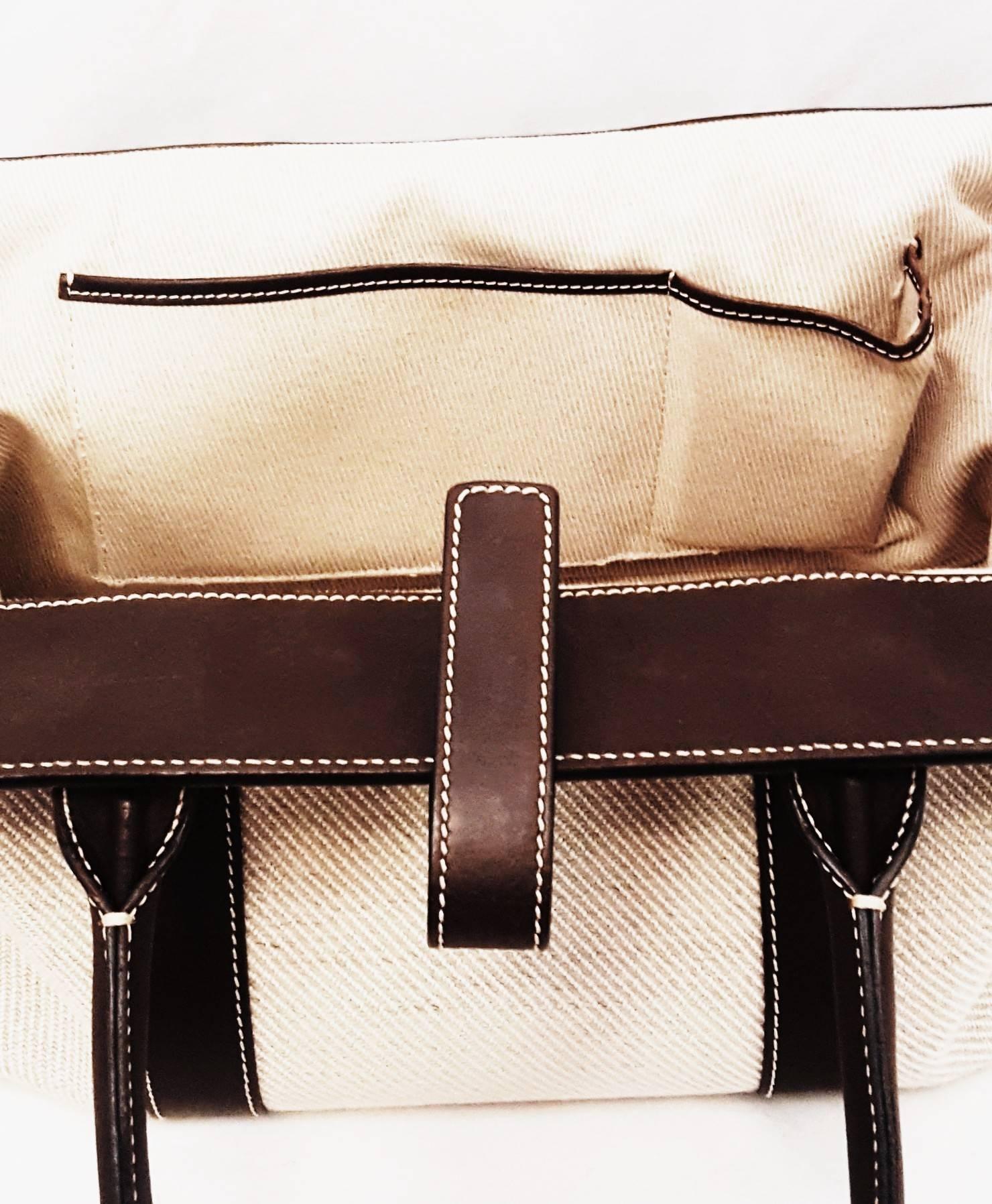 Women's Loro Piana Beige Woven Canvas and Brown Leather with Gold tone Hardware Tote Bag