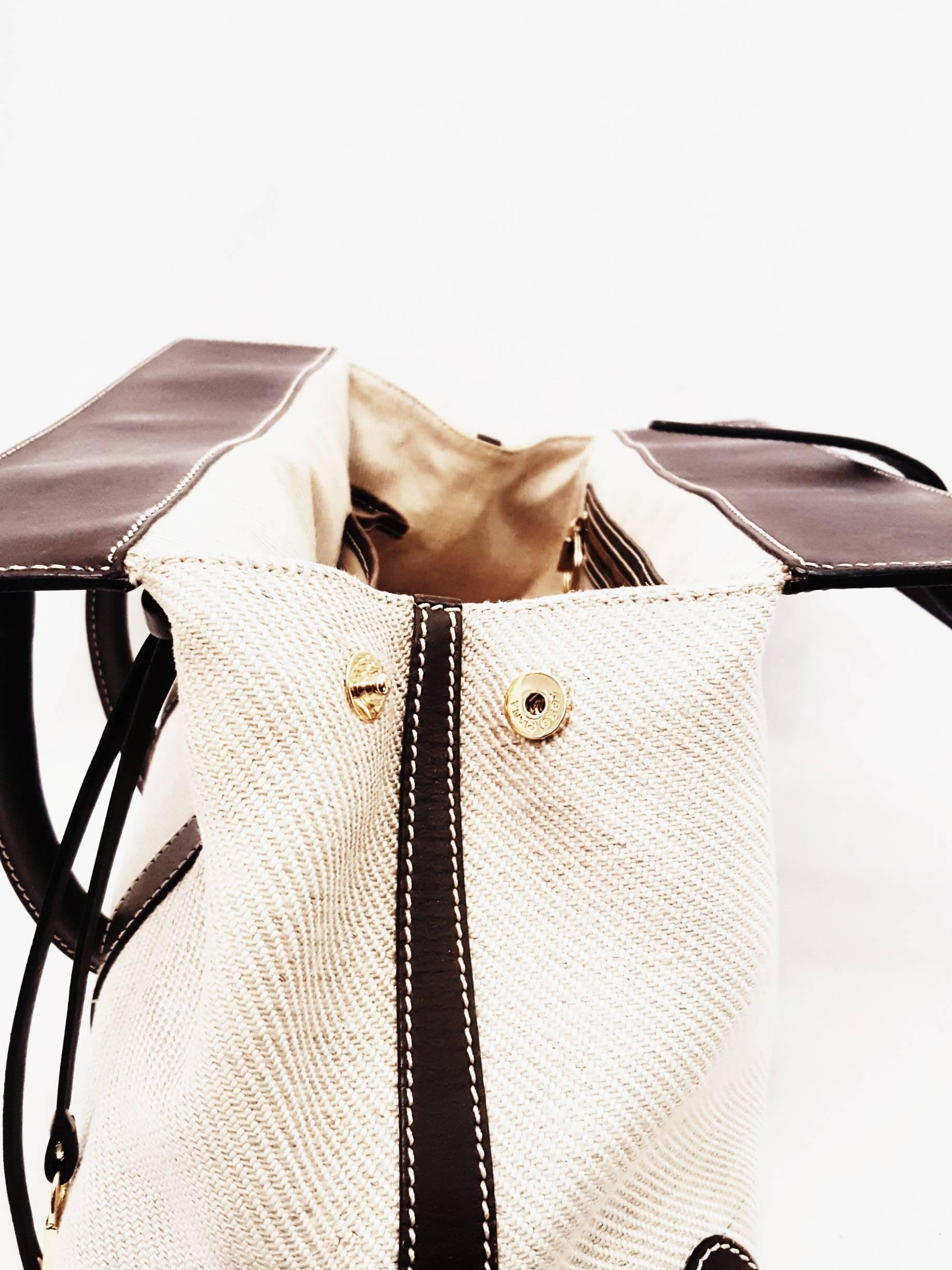 Loro Piana Beige Woven Canvas and Brown Leather with Gold tone Hardware Tote Bag 1