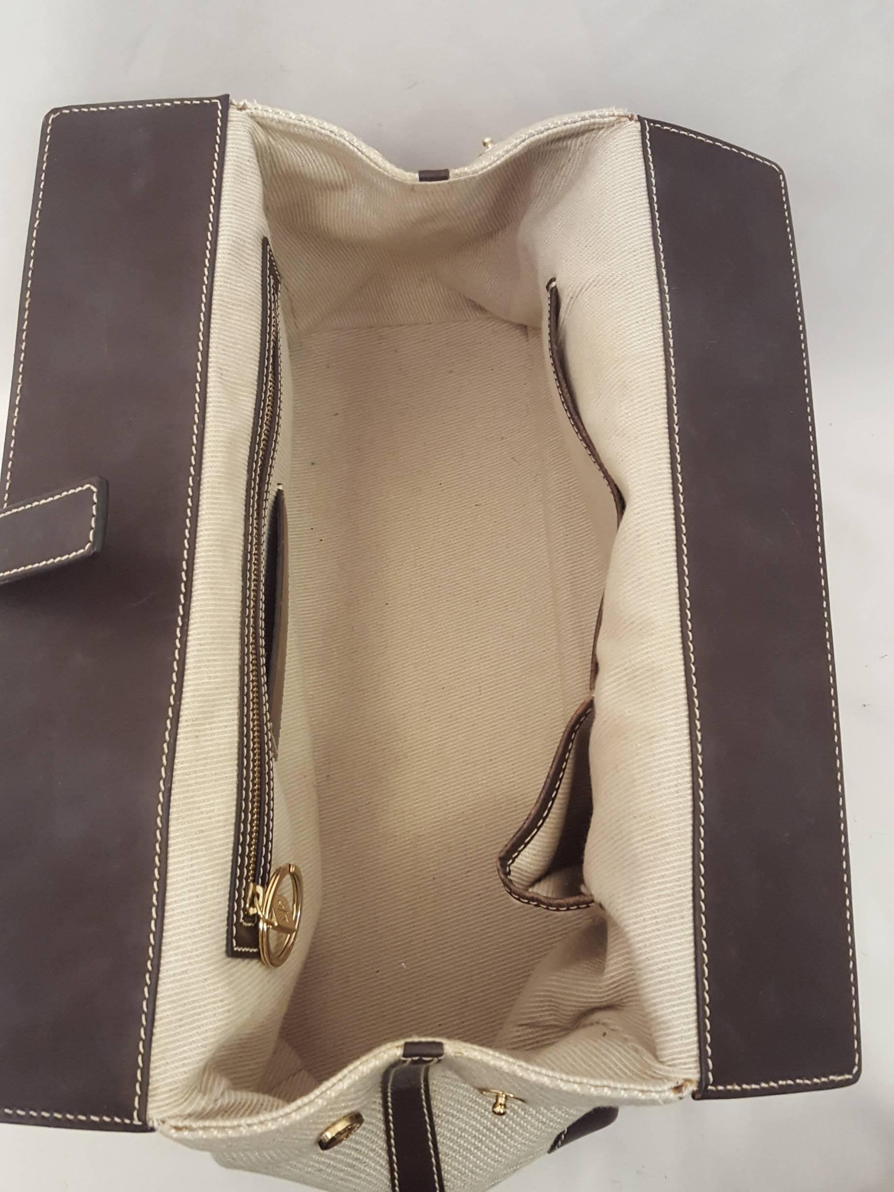 Loro Piana Beige Woven Canvas and Brown Leather with Gold tone Hardware Tote Bag In Excellent Condition In Palm Beach, FL