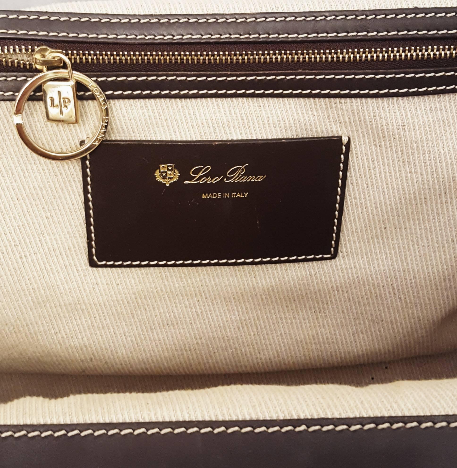 Loro Piana Beige Woven Canvas and Brown Leather with Gold tone Hardware Tote Bag 3