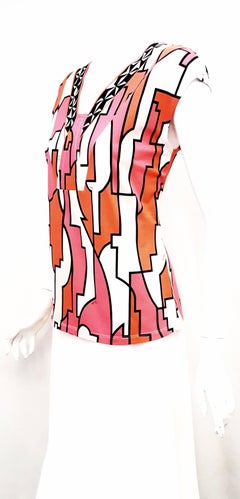 Emilio Pucci Fuchsia Coral Beige & White Sleeveless Cotton Top Size 14 US