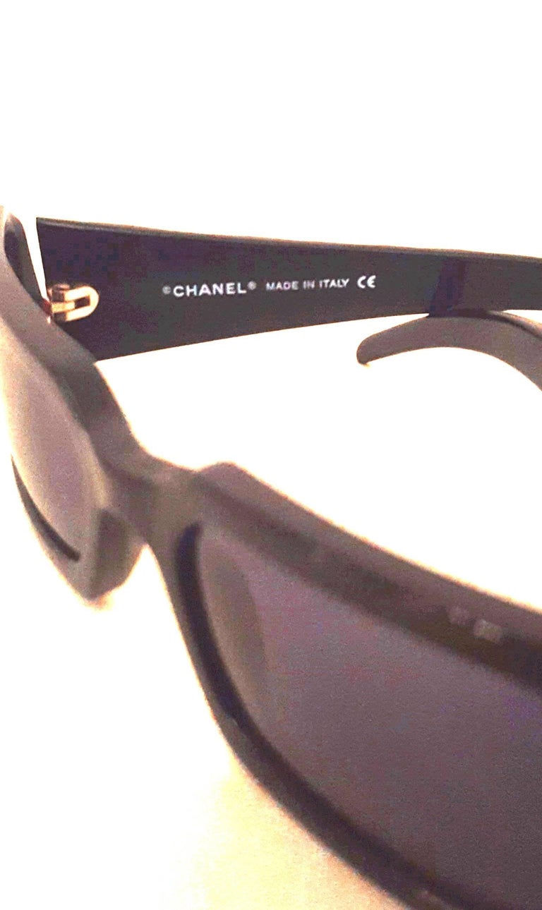 Chanel Black Rectangular Thick Frame Sunglasses with Quilted Arms and