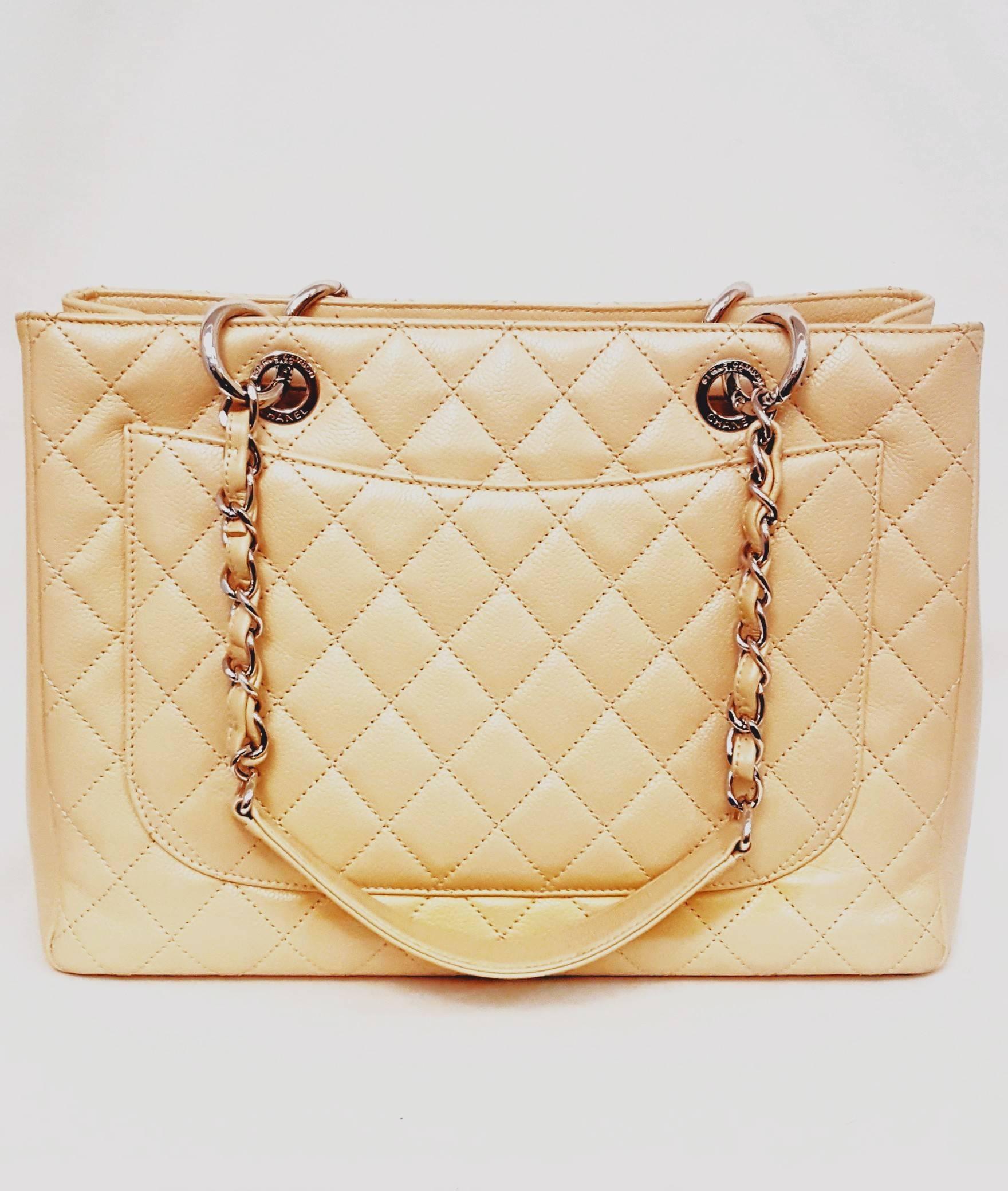 Beige Chanel Tan Caviar Leather Grand Shopping Tote Bag  For Sale