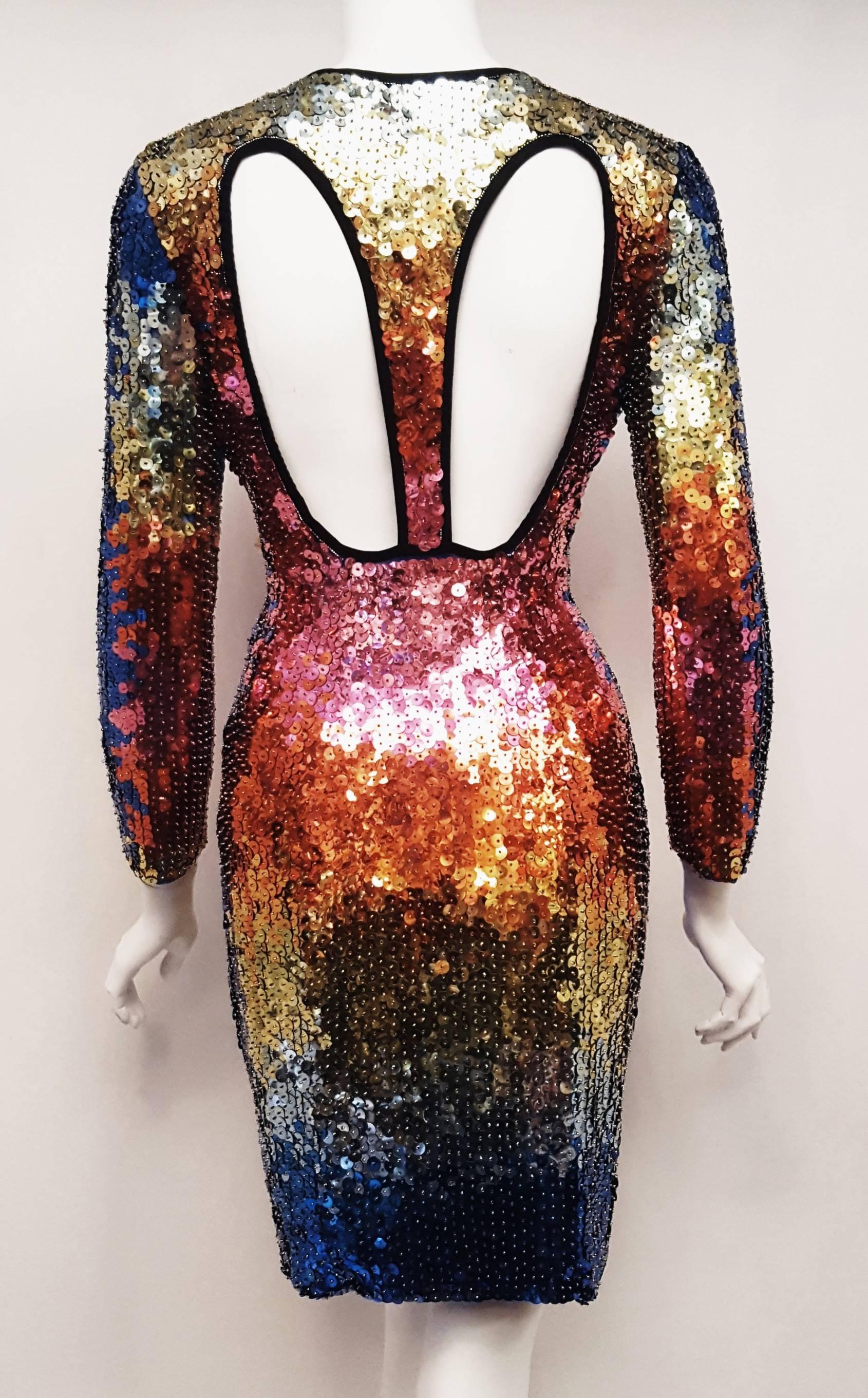 Brown Emilio Pucci Kaleidoscopic Colors Sequined Dress with Front and Back Cut Outs   