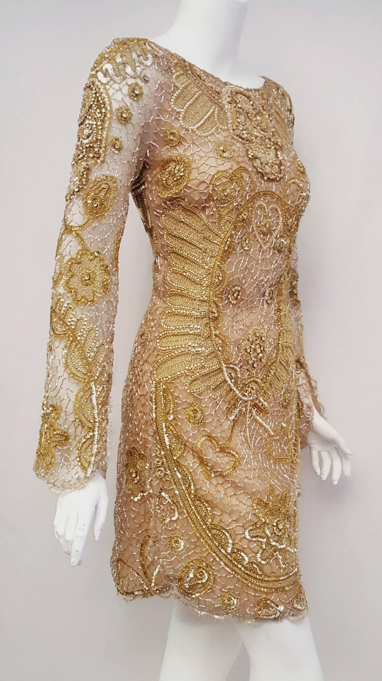 Brown Emilio Pucci by Peter Dundas Gold Tone Beaded Runway Dress, Spring 2012  10 US For Sale