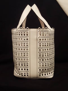 Alaia White Cut Out Leather Bucket  w/ Mini Tan Leather Essential Holder Pouch