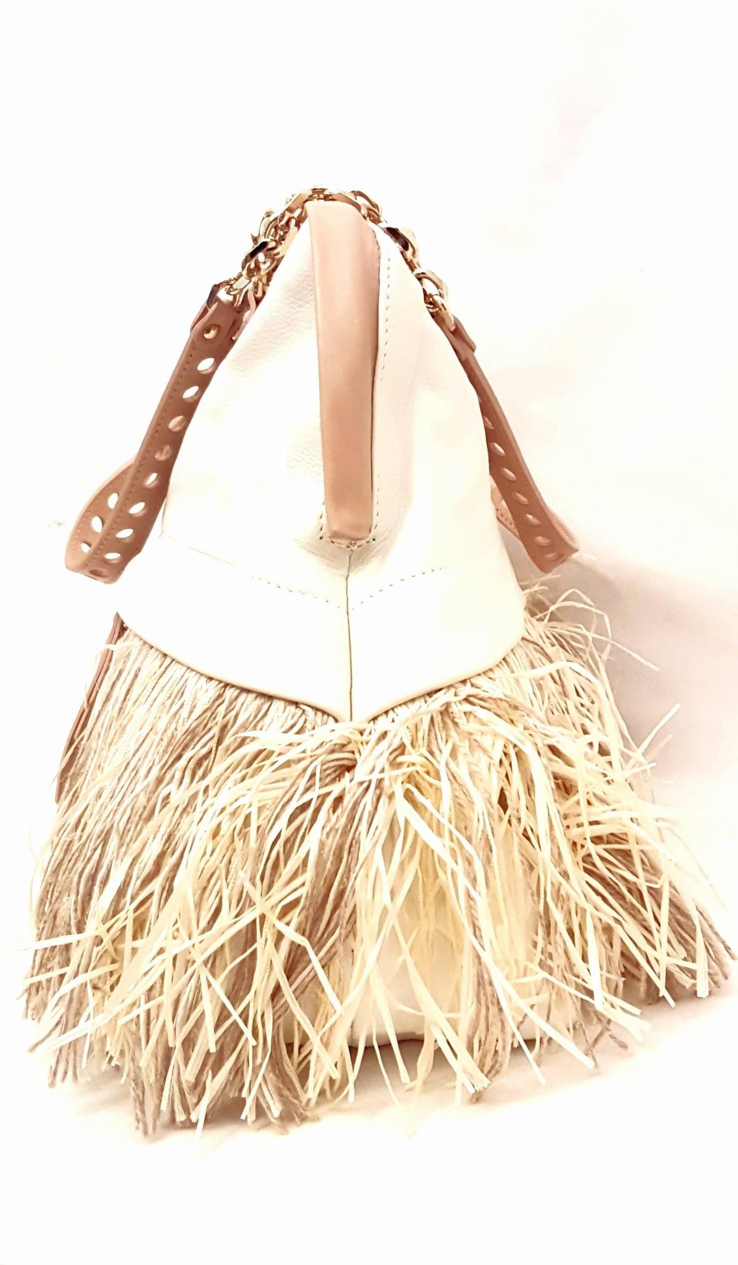 Christian Louboutin Ivory Leather Handbag with Multi Material Fringe In Excellent Condition In Palm Beach, FL