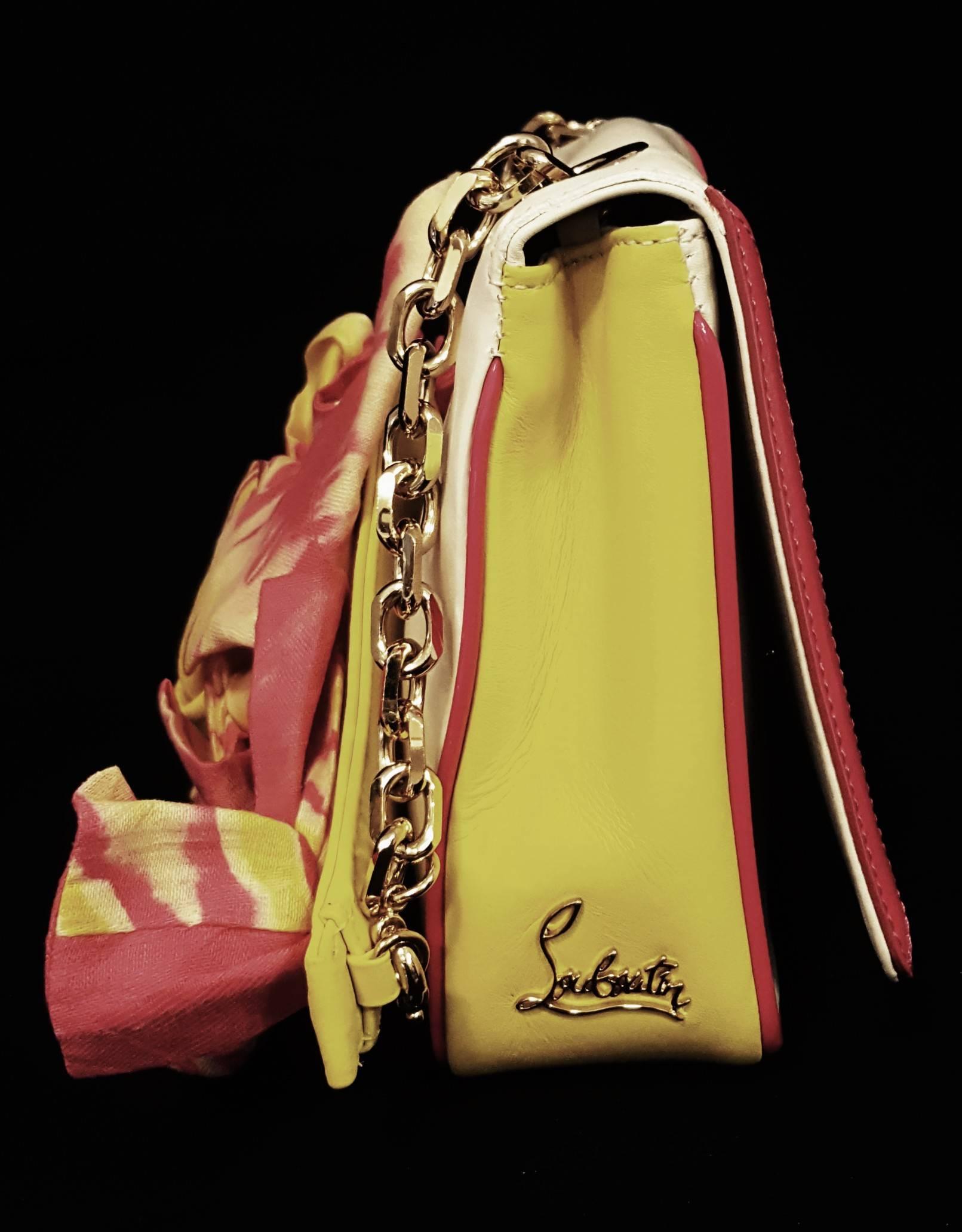 Christian Louboutin Artemis Papillote Hot Pink & Yellow Top Strap w/ Bows Bag In Excellent Condition In Palm Beach, FL