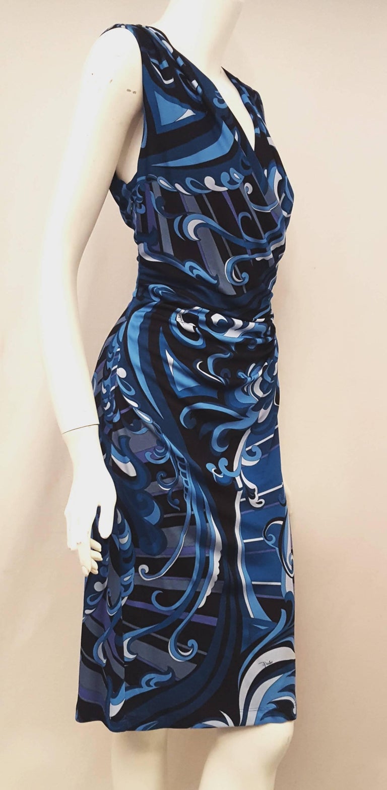 Emilio Pucci Blue Tones Plunging V Neck Dress with Side Draping at 1stdibs