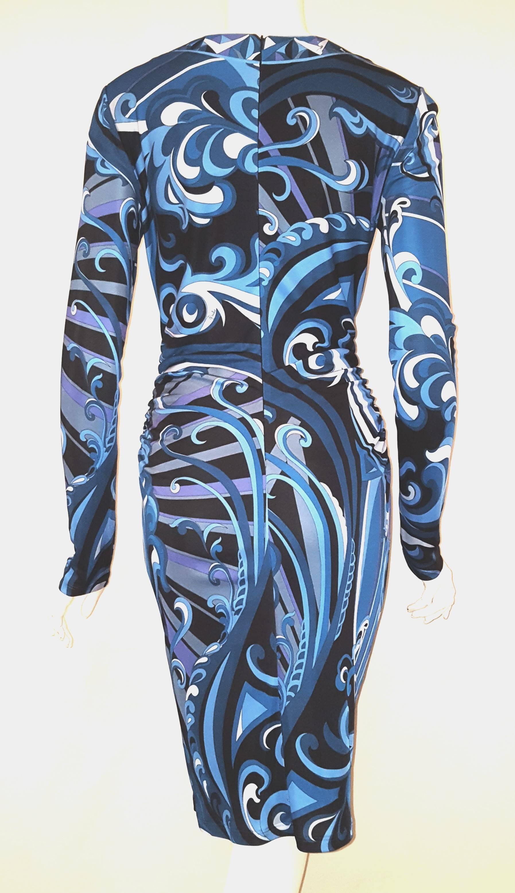 Black Emilio Pucci Blue Tones Gathered Long Sleeve Dress For Sale