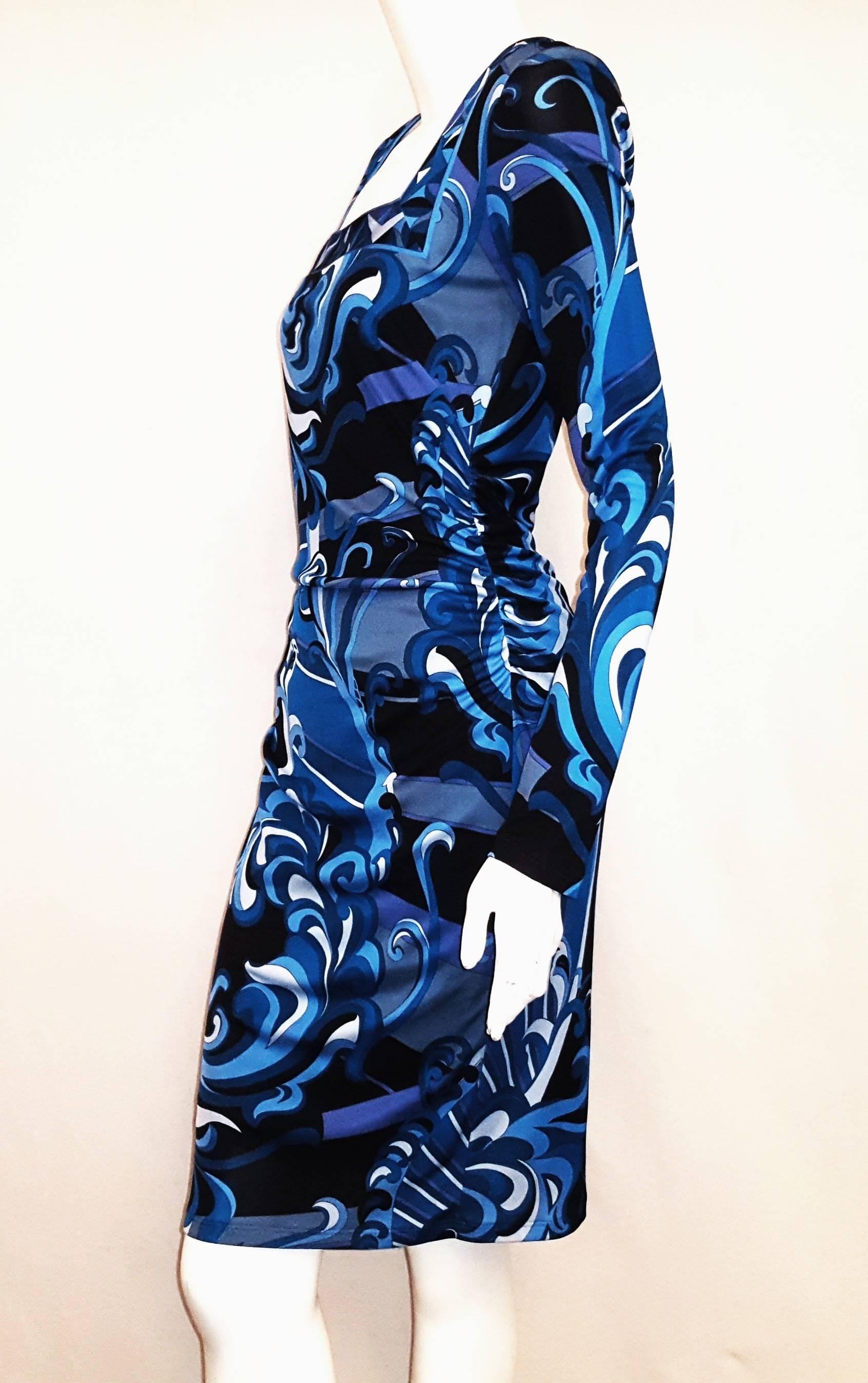 Emilio Pucci Blue Tones Gathered Long Sleeve Dress In Excellent Condition For Sale In Palm Beach, FL