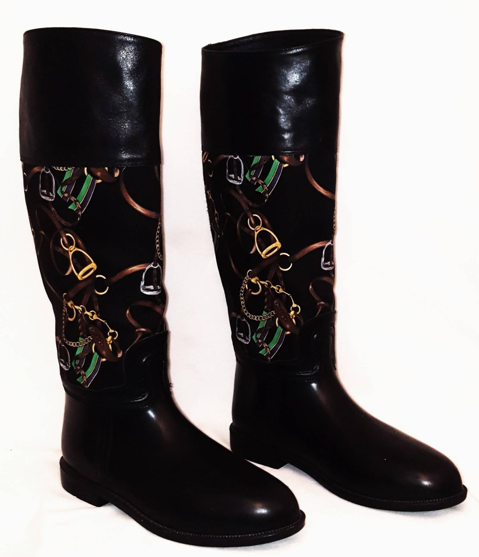 Women's or Men's Ralph Lauren Black Riding Boots with Equestrian Theme Fabric Inserts For Sale