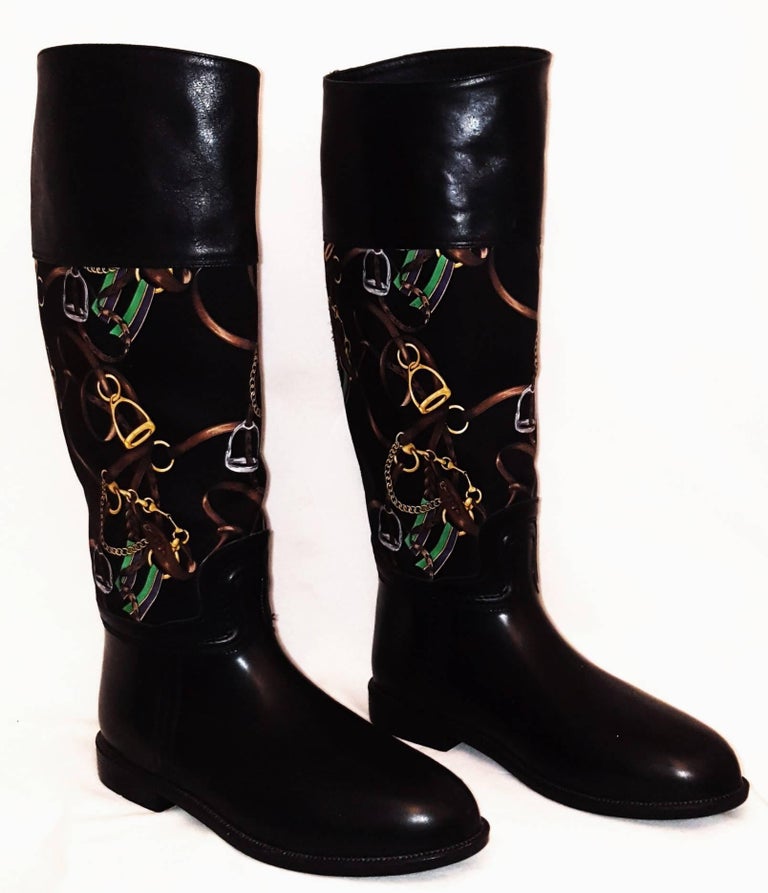 Ralph Lauren Black Riding Boots with Equestrian Theme Fabric Inserts ...