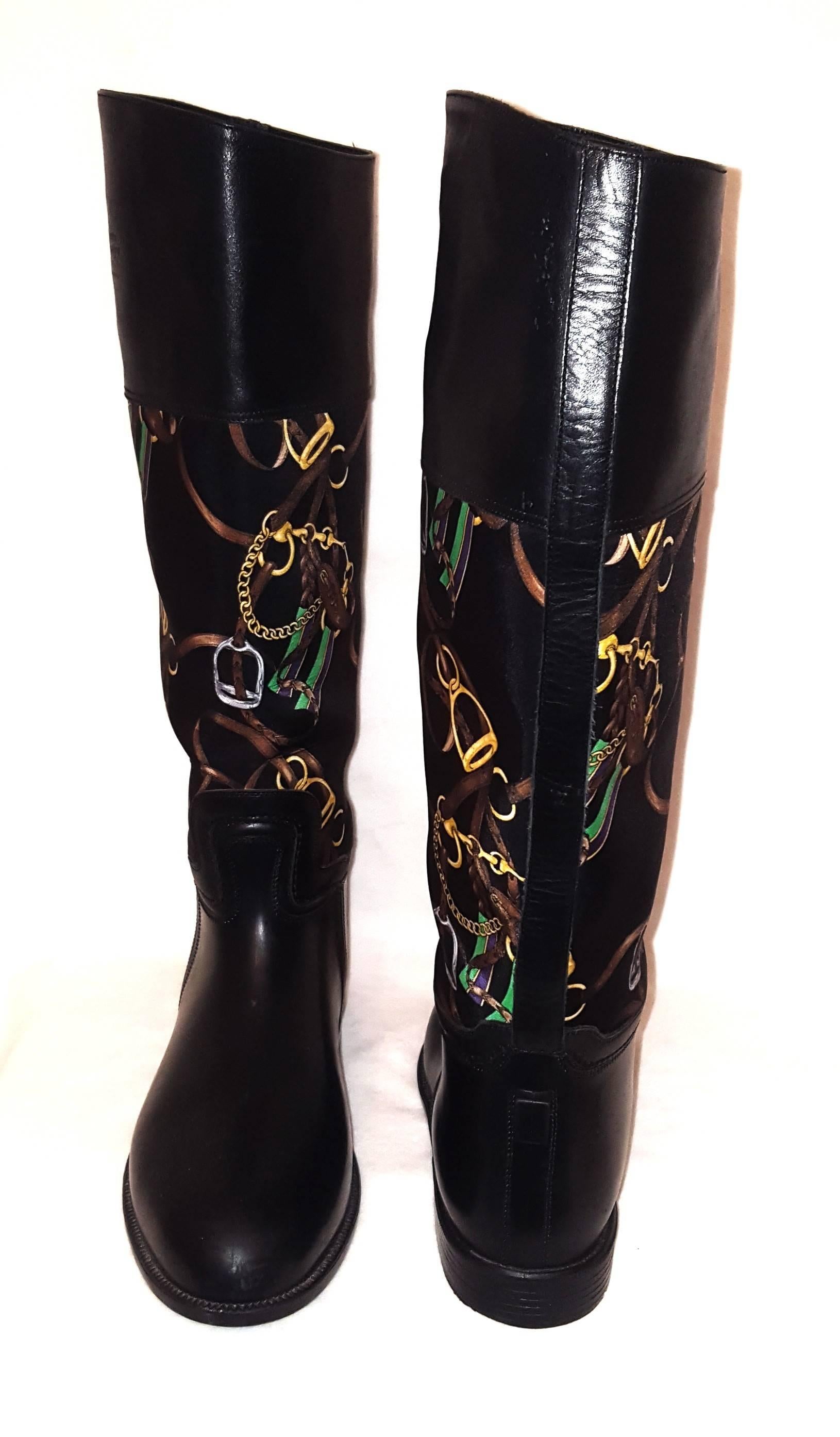 Ralph Lauren black knee high riding boots features equestrian theme fabric inserts on the shaft of these boots.  Ralph Lauren puts its mark on the equestrian aesthetic with the overall design of the fabric with the equestrian accessories, horse