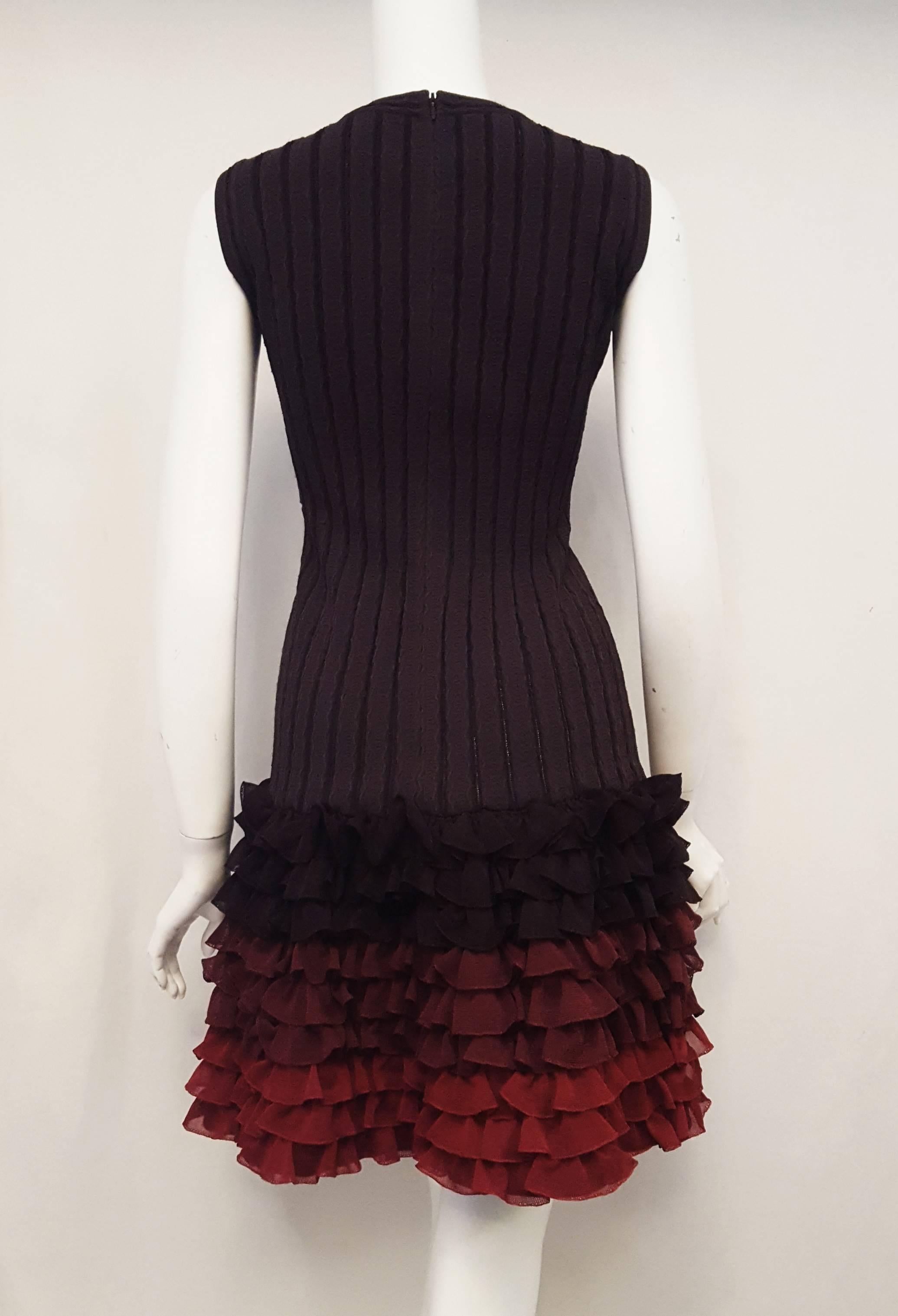 Black Alaia Brown Ribbed Knit Silk Runway Dress Ombre Effect and Ruffled Rows 40 EU For Sale