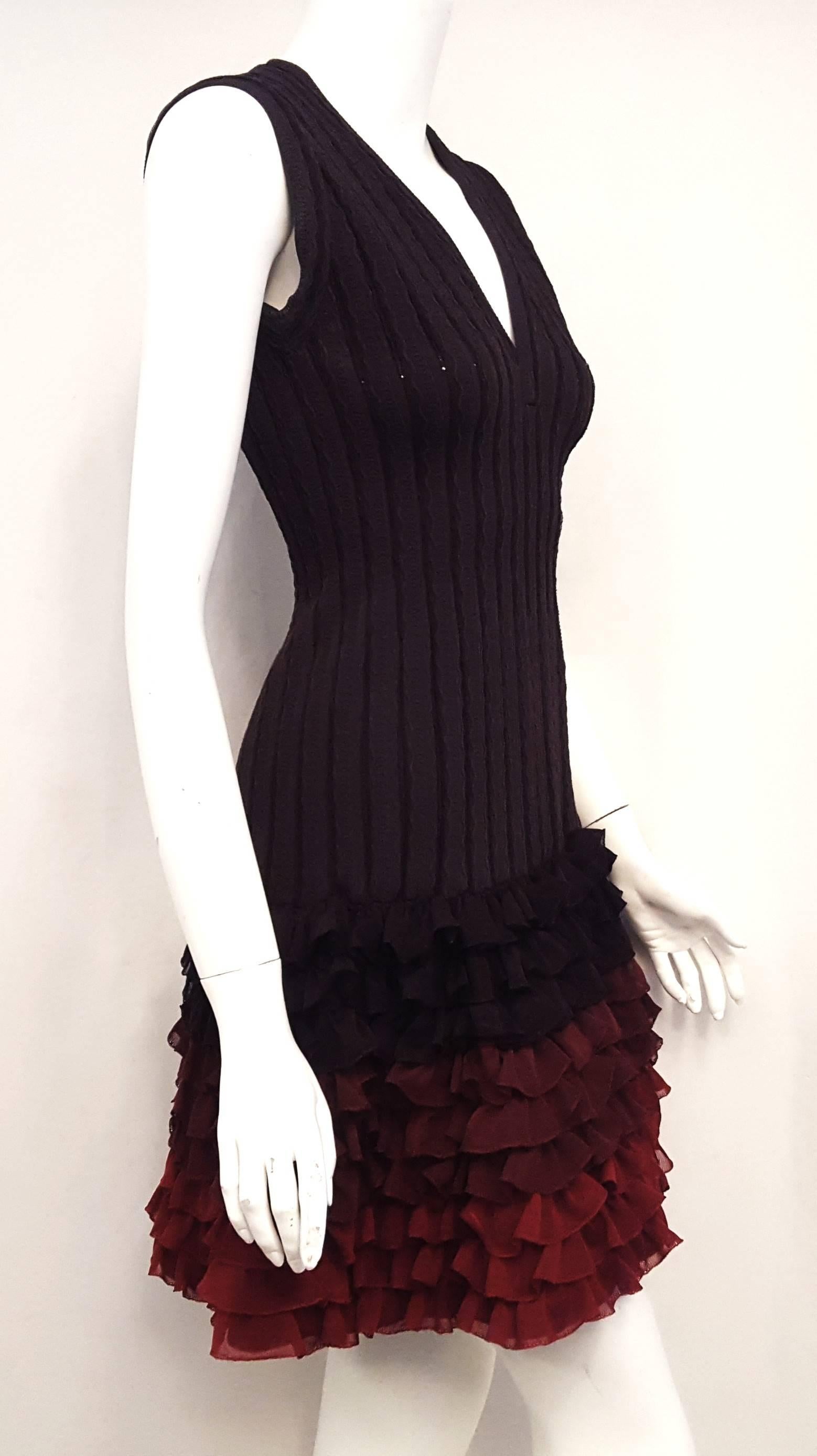Alaia Brown Ribbed Knit Silk Runway Dress Ombre Effect and Ruffled Rows 40 EU In Excellent Condition For Sale In Palm Beach, FL