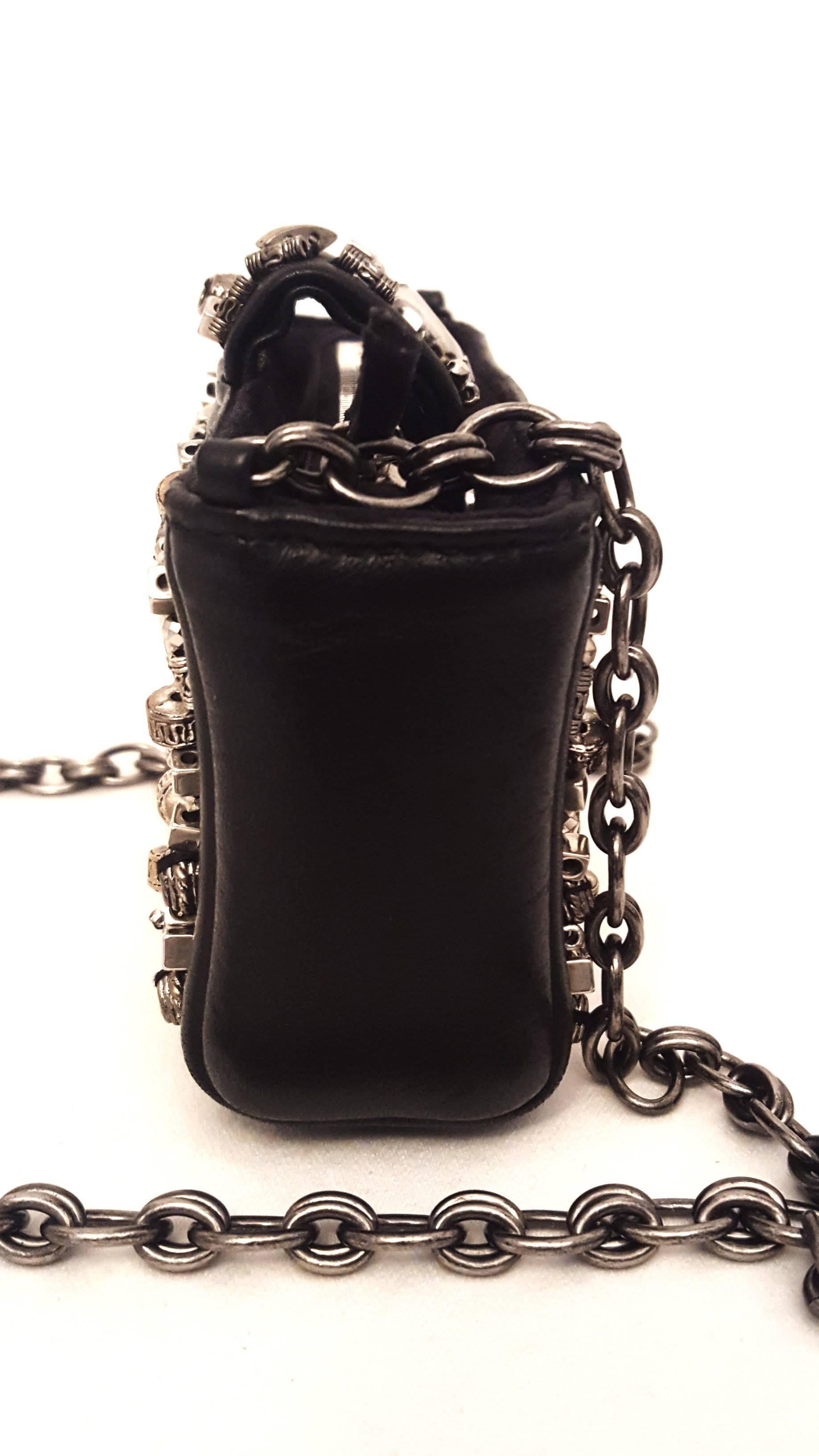 Chanel Black Leather Metal Enhanced Mini Bag with Long Chain Shoulder Strap In Excellent Condition In Palm Beach, FL
