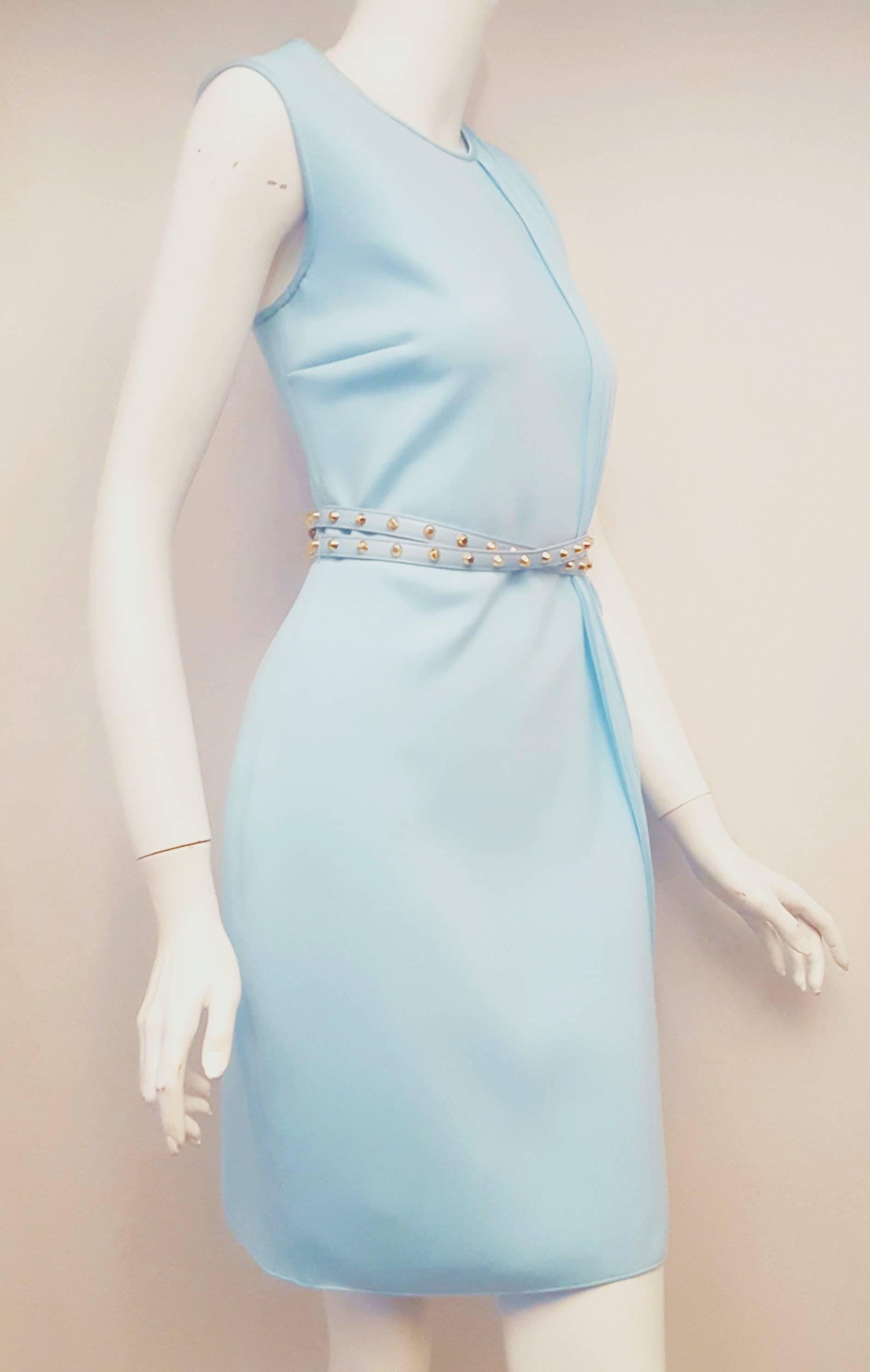 Versace Aqua Side Pleated Sleeveless Dress with Adjustable Studded Leather Belt In Excellent Condition In Palm Beach, FL