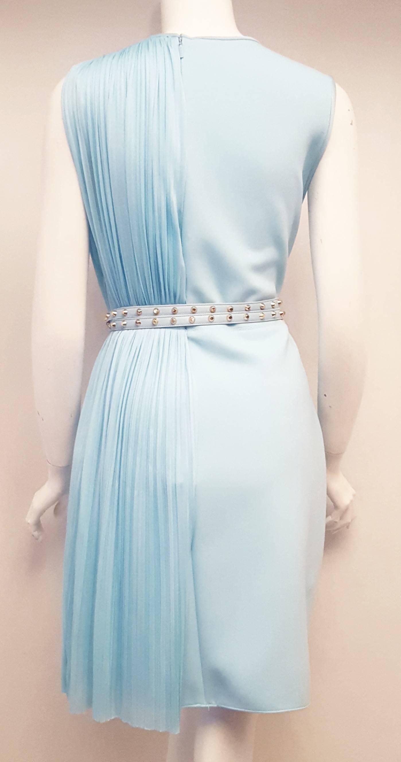 Blue Versace Aqua Side Pleated Sleeveless Dress with Adjustable Studded Leather Belt