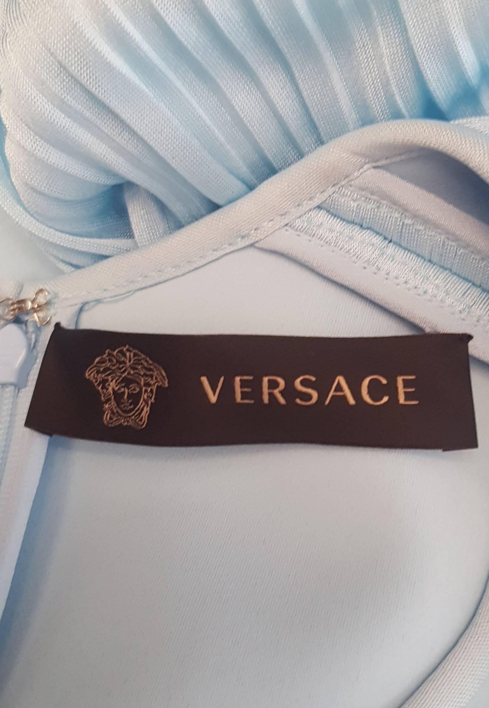 Women's Versace Aqua Side Pleated Sleeveless Dress with Adjustable Studded Leather Belt