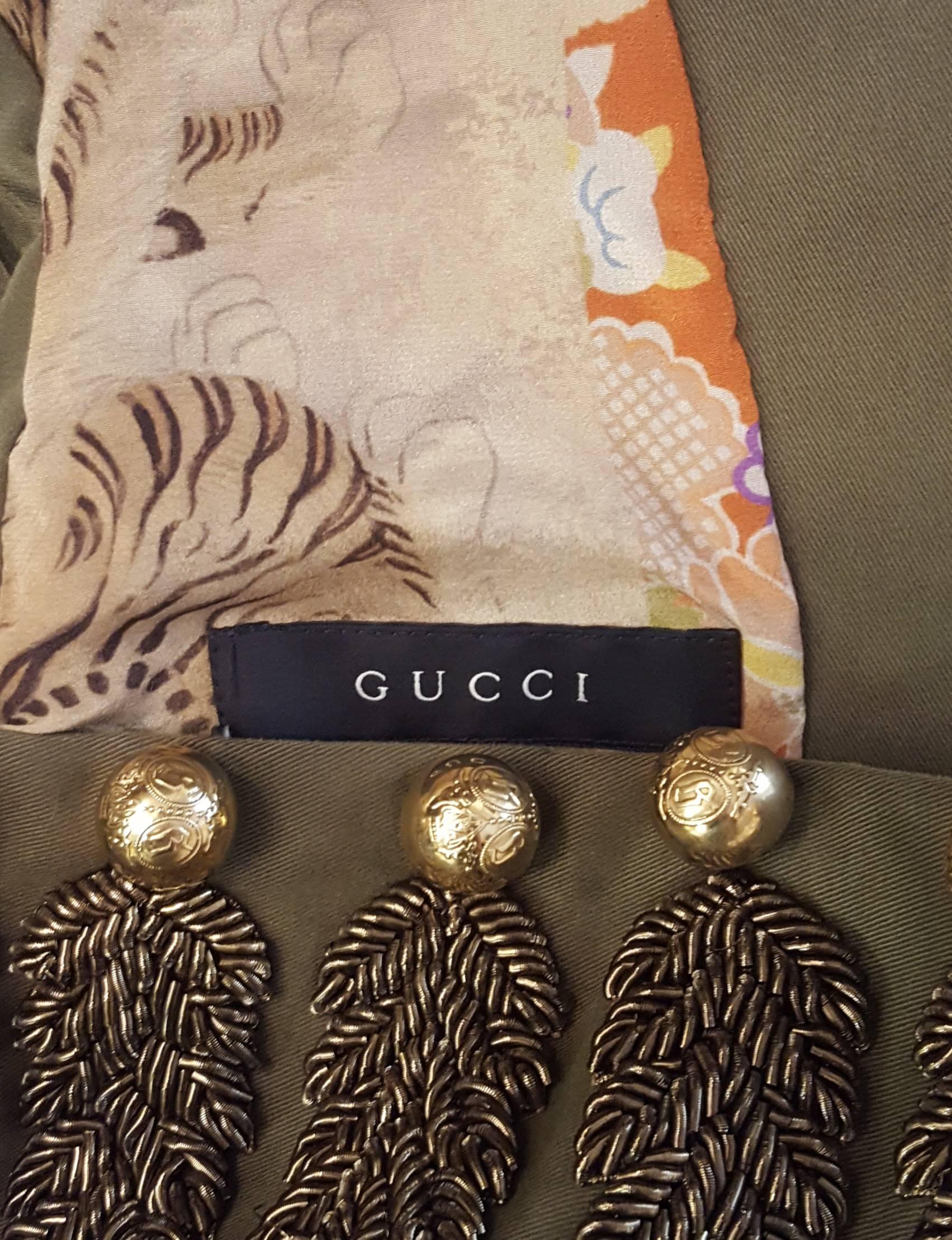 Gucci Prince Charming Green Military Style Jacket Intricate Metallic Embroidery In Excellent Condition In Palm Beach, FL
