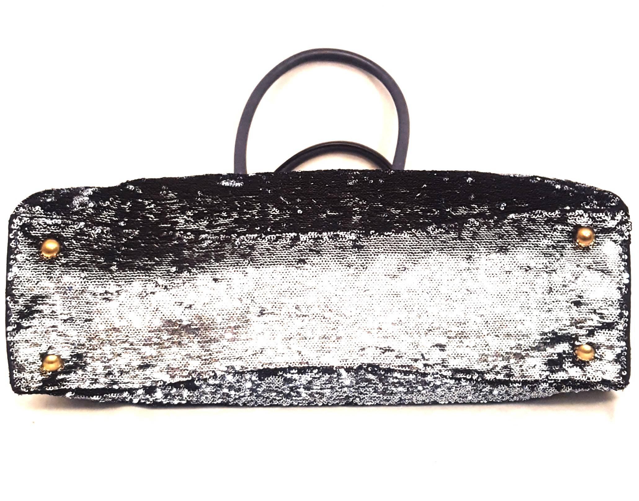 Miu Miu Black Paillettes Sequin Shopping Tote Argento with Blue Handles In Excellent Condition In Palm Beach, FL