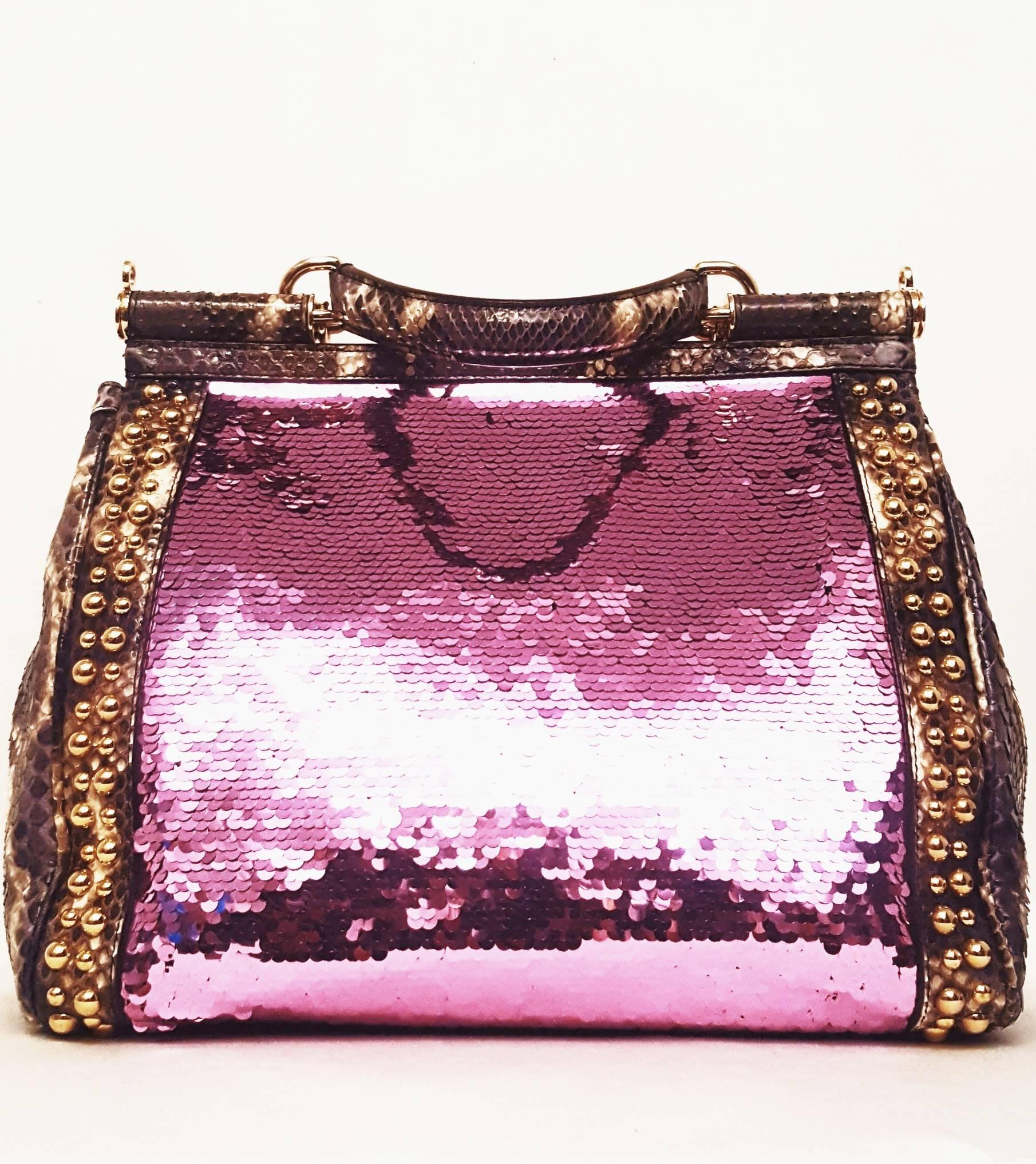 Beige Dolce & Gabbana Pink Sequin w/ Purple & Ivory Python Highlighted w/ Gold Studs
