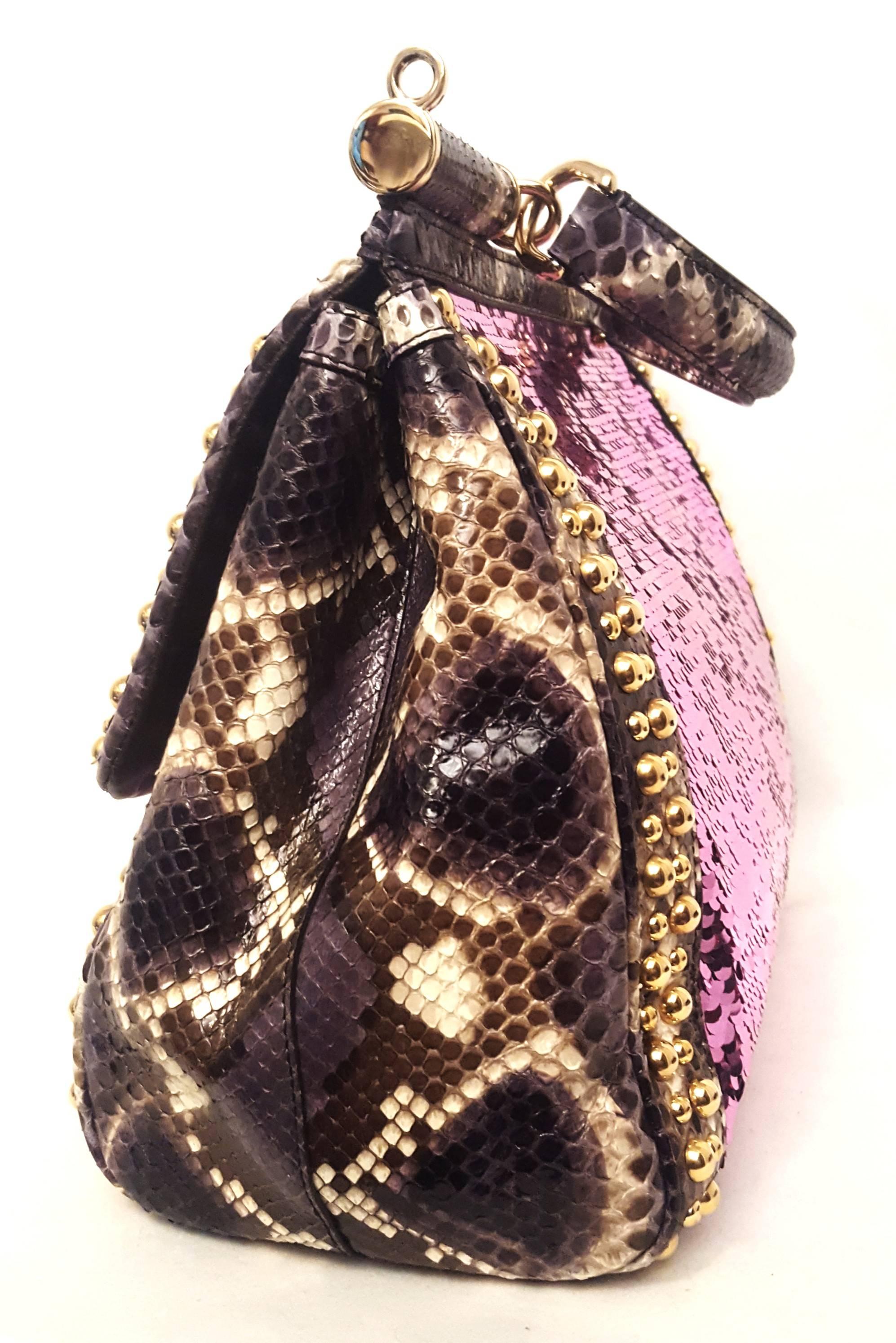 Dolce & Gabbana Pink Sequin w/ Purple & Ivory Python Highlighted w/ Gold Studs In Excellent Condition In Palm Beach, FL
