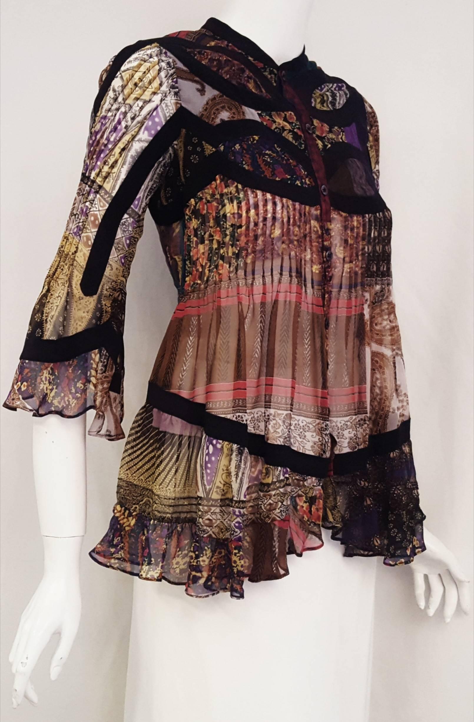 Black Etro Silk Multi Print & Multicolor With Flared Sleeves Top