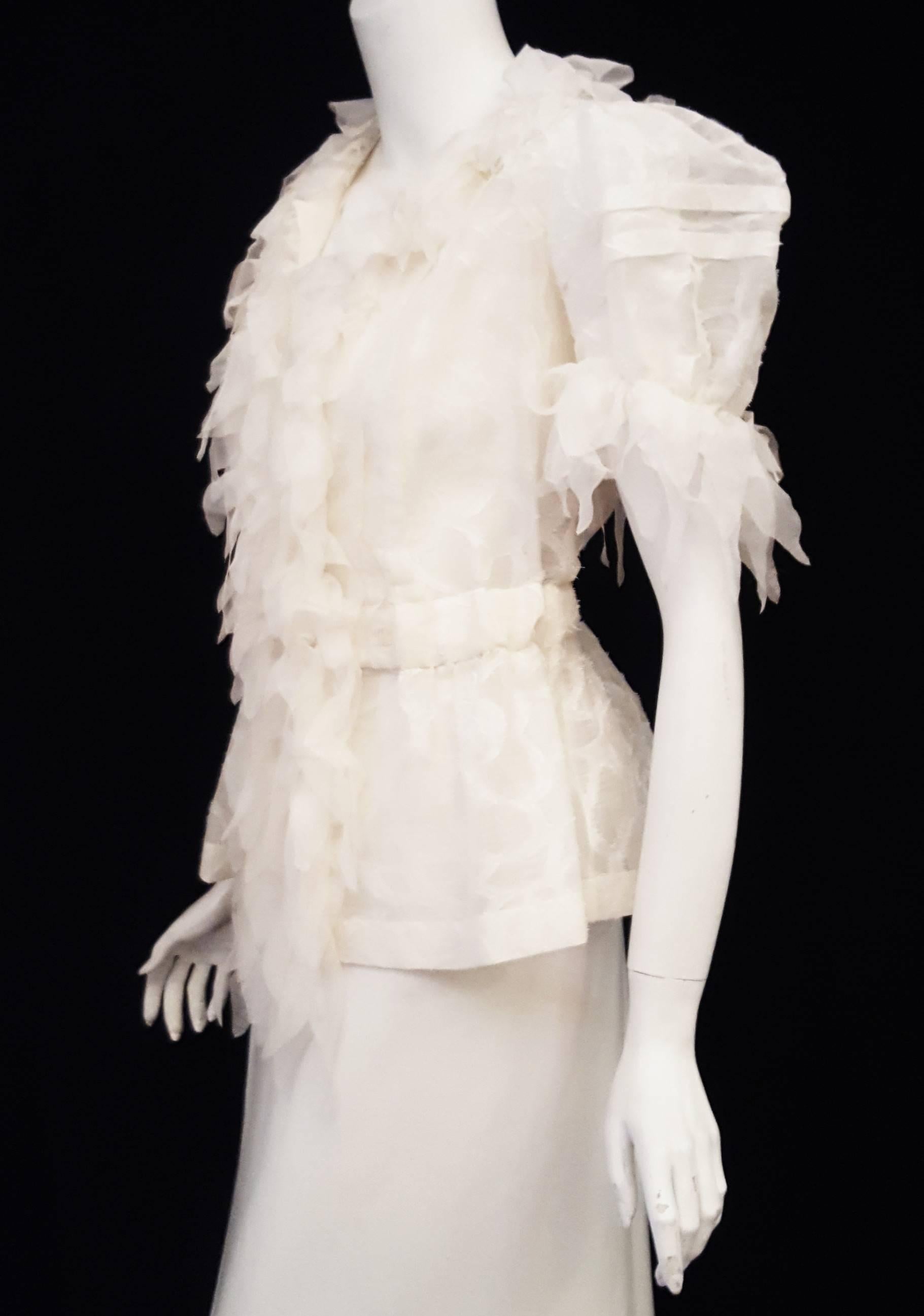 Chanel White on White Sheer Frayed Silk w/ Petal Like Ruffles Collar Blouse In Excellent Condition In Palm Beach, FL