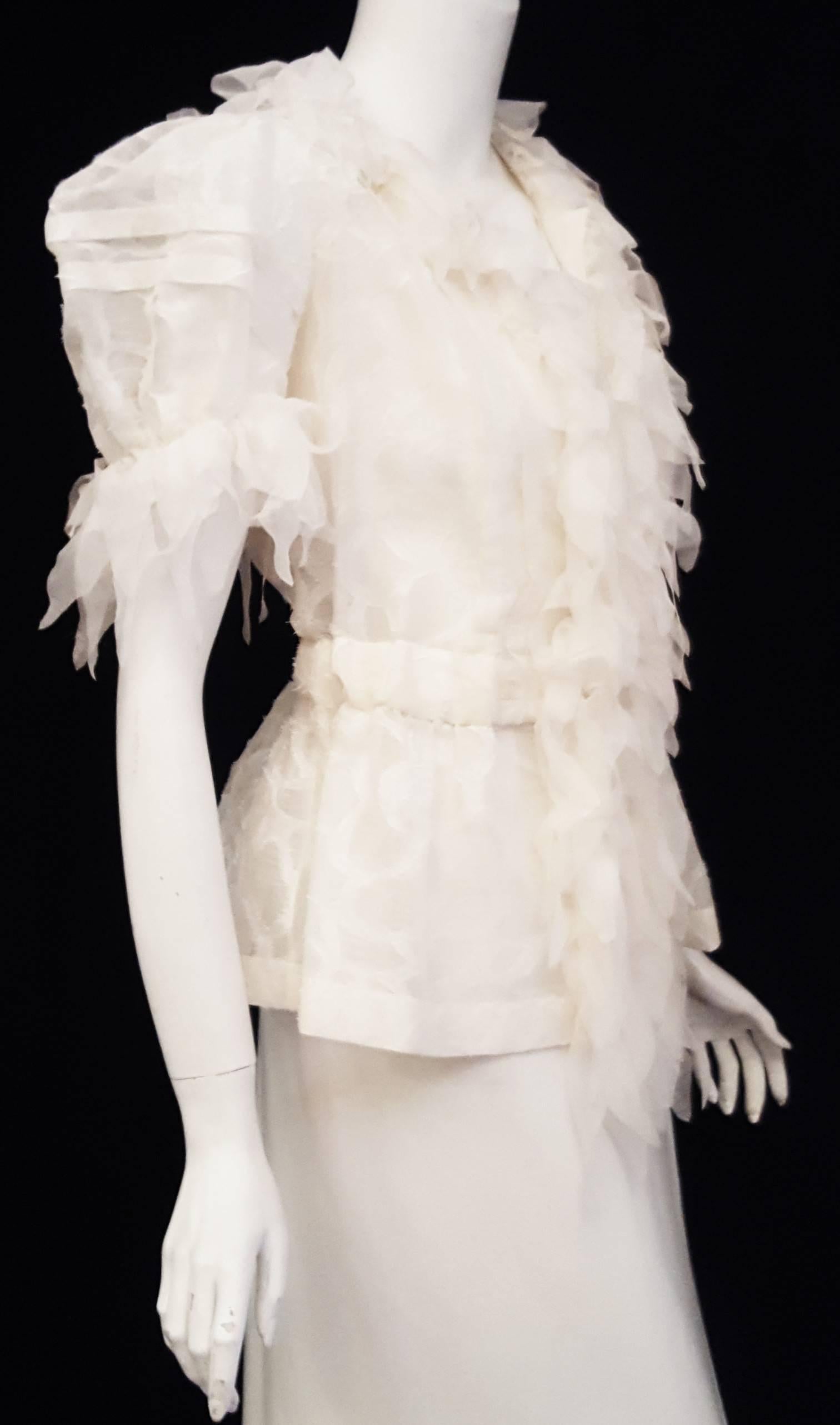Women's Chanel White on White Sheer Frayed Silk w/ Petal Like Ruffles Collar Blouse
